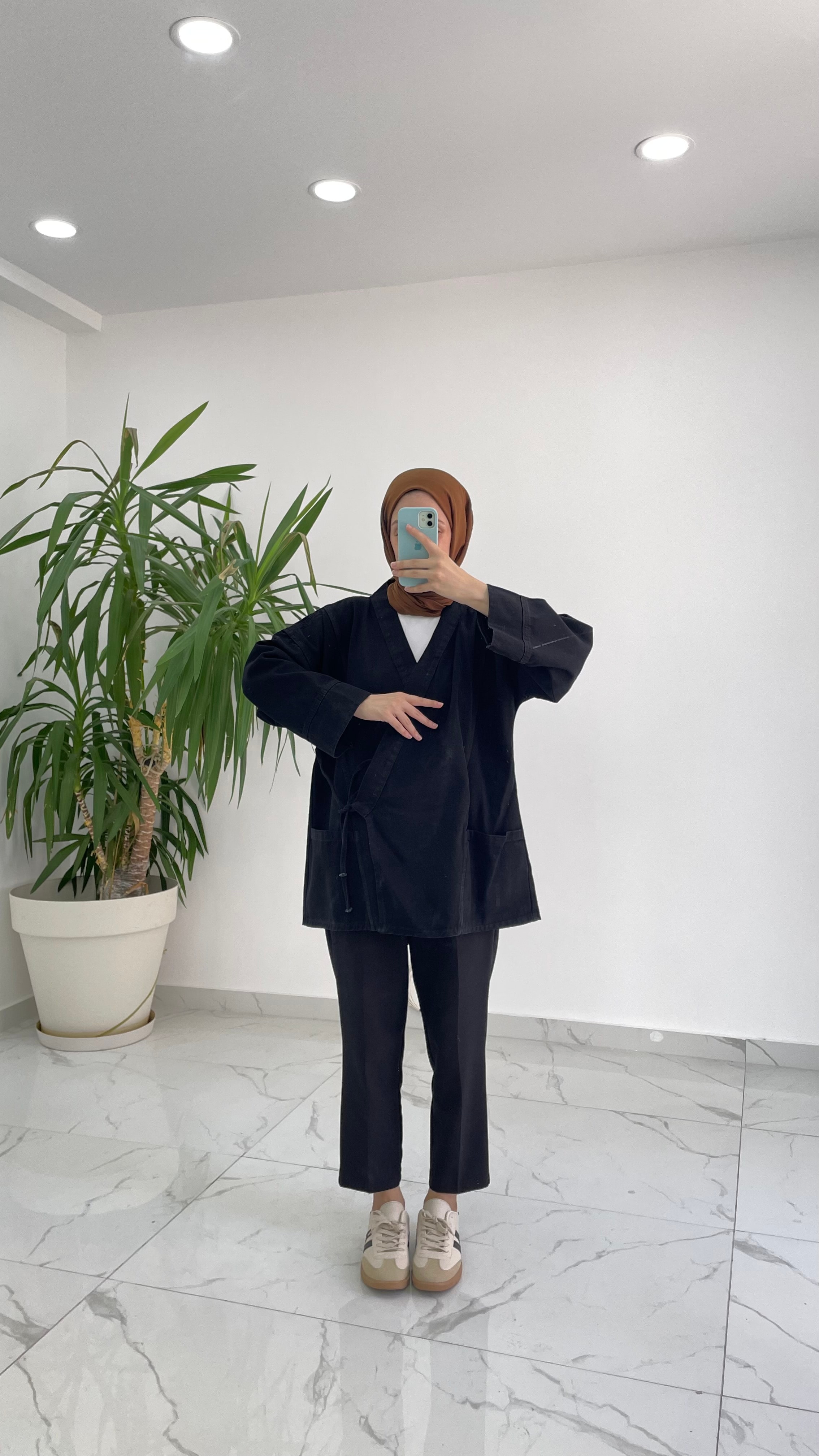 Bağlama Detaylı Denim Kimono - Siyah