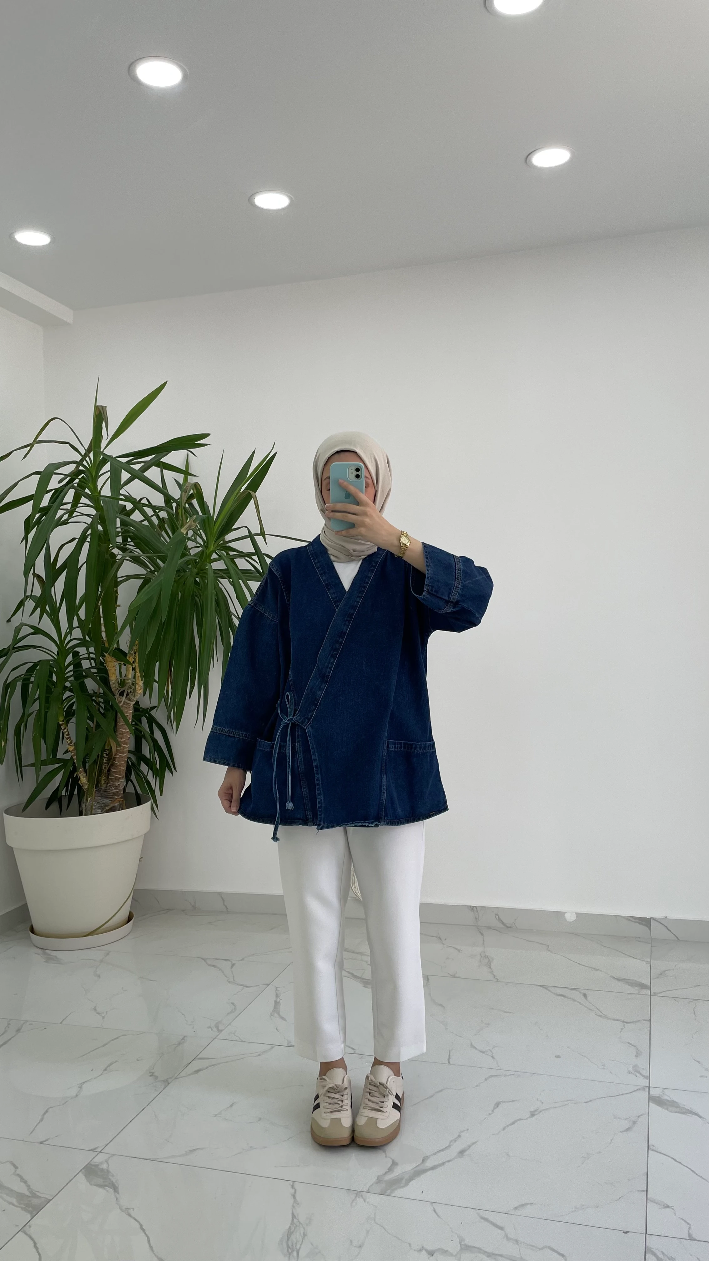 Bağlama Detaylı Denim Kimono - Lacivert