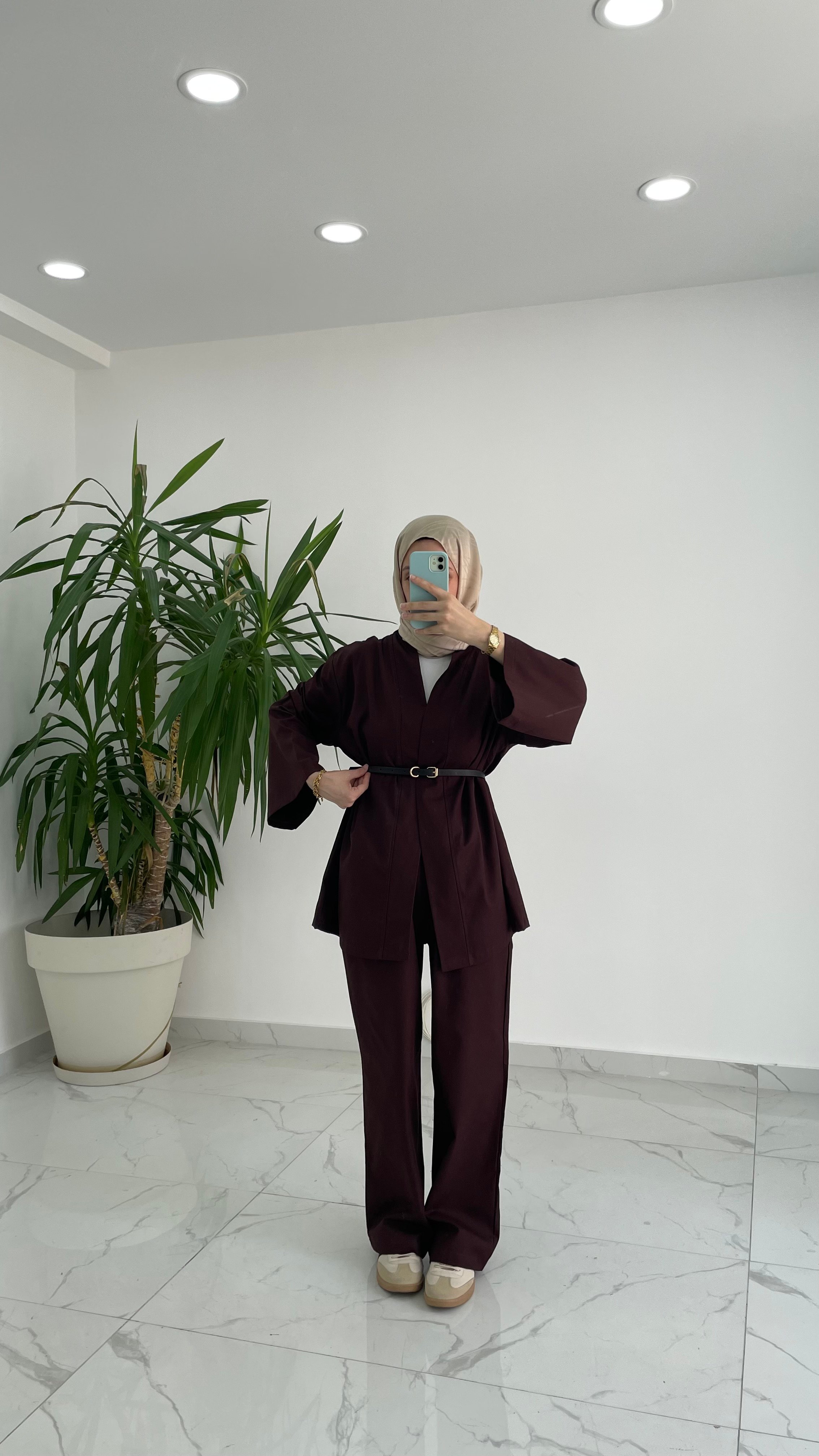 Gabardin Kemerli Takım - Kahve