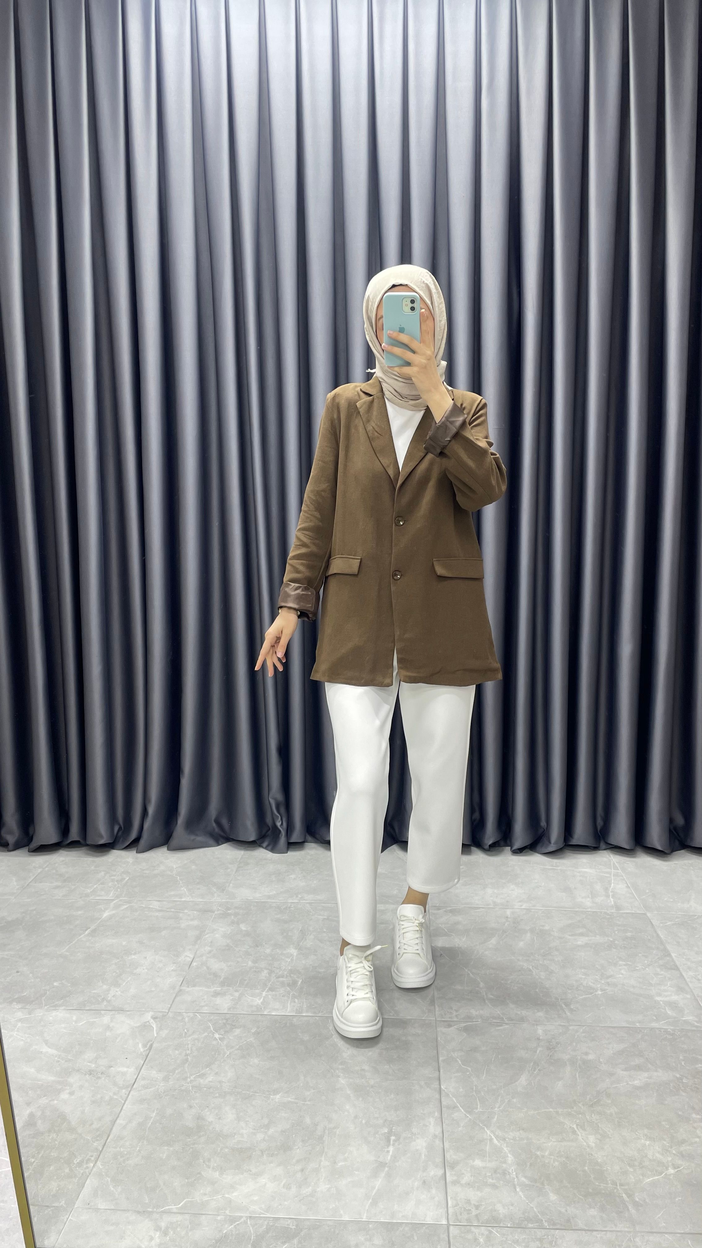 Keten Kemerli Blazer Ceket