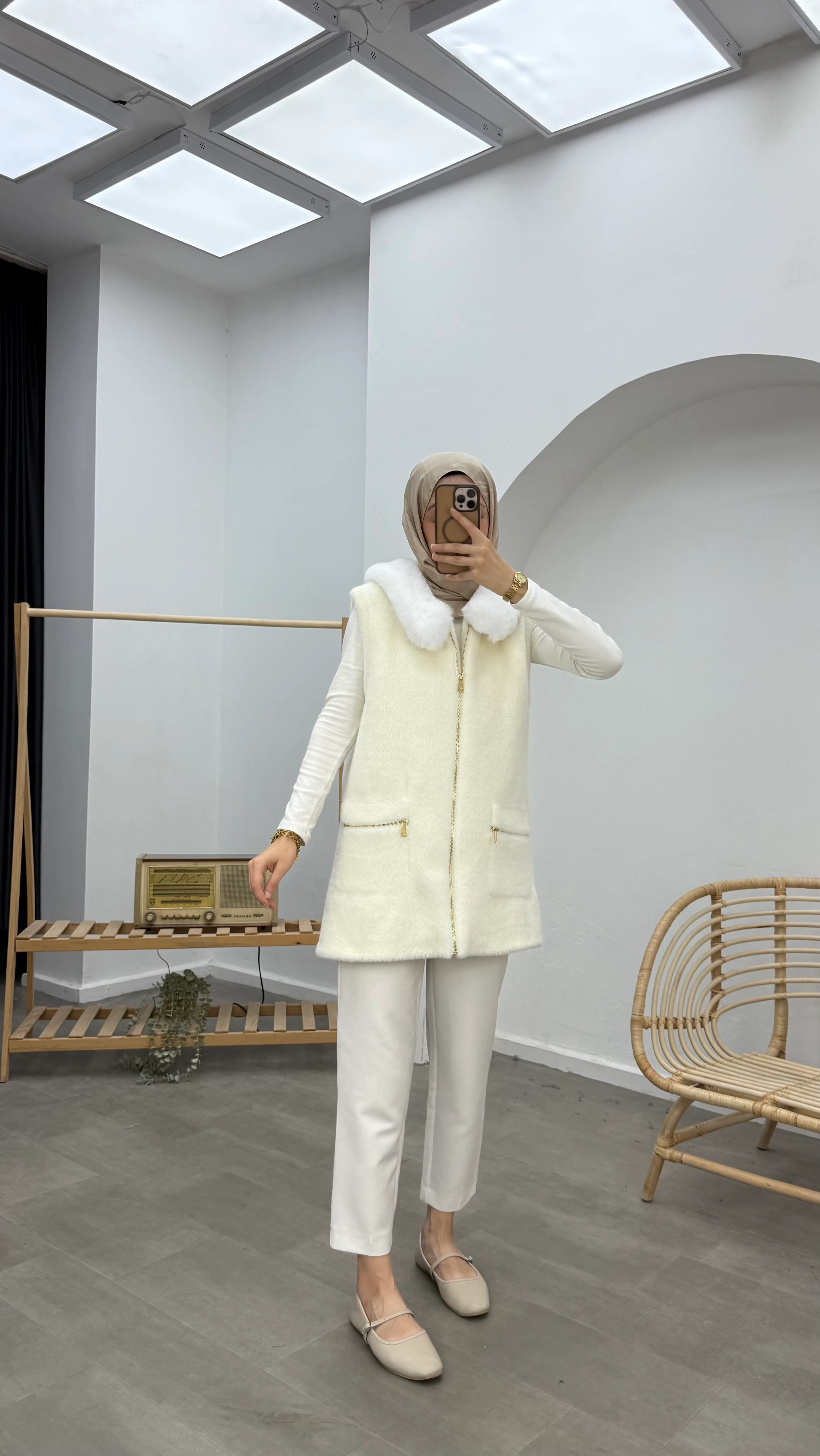 Kürklü Premium Angora Yelek - Beyaz