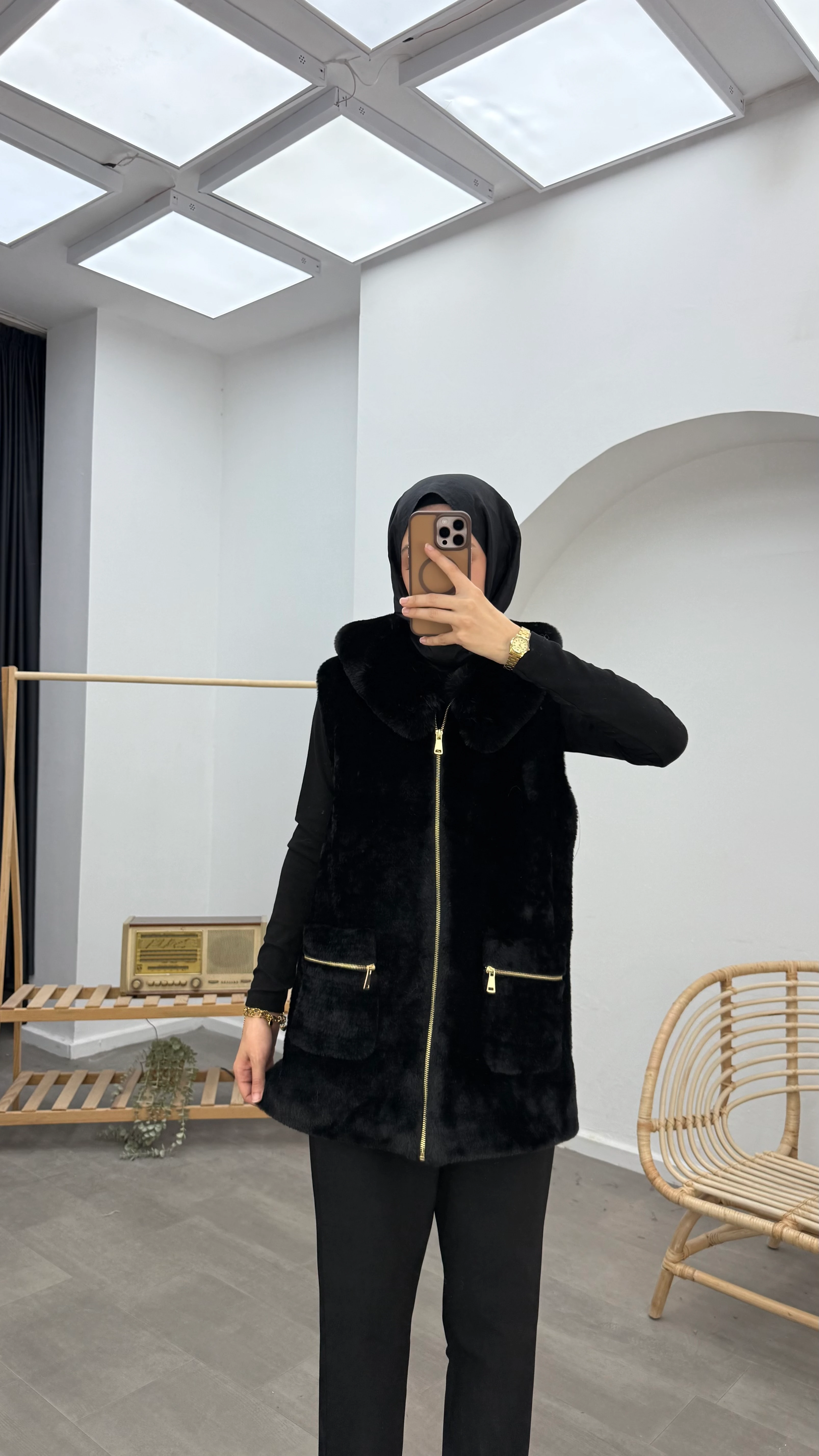 Kürklü Premium Angora Yelek - Siyah