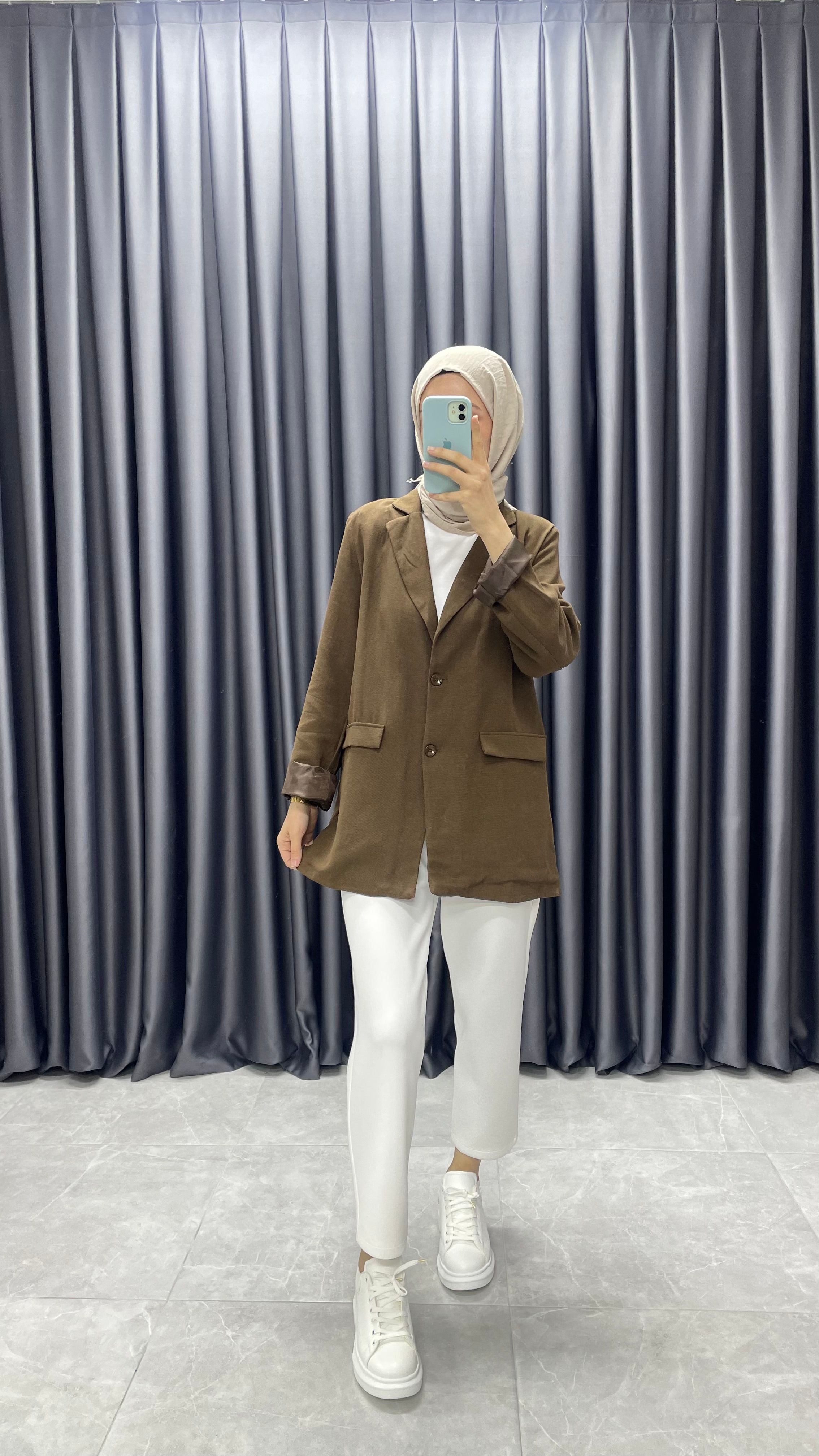Keten Kemerli Blazer Ceket