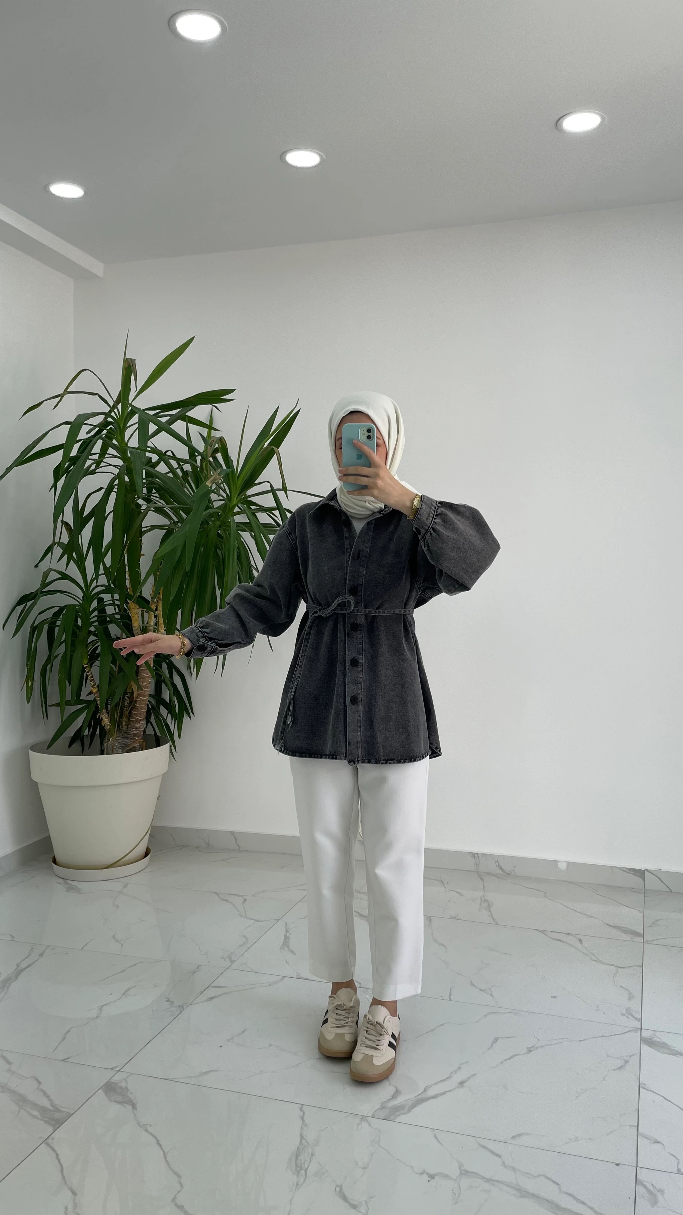 Balon Kol Denim Gömlek - Antrasit