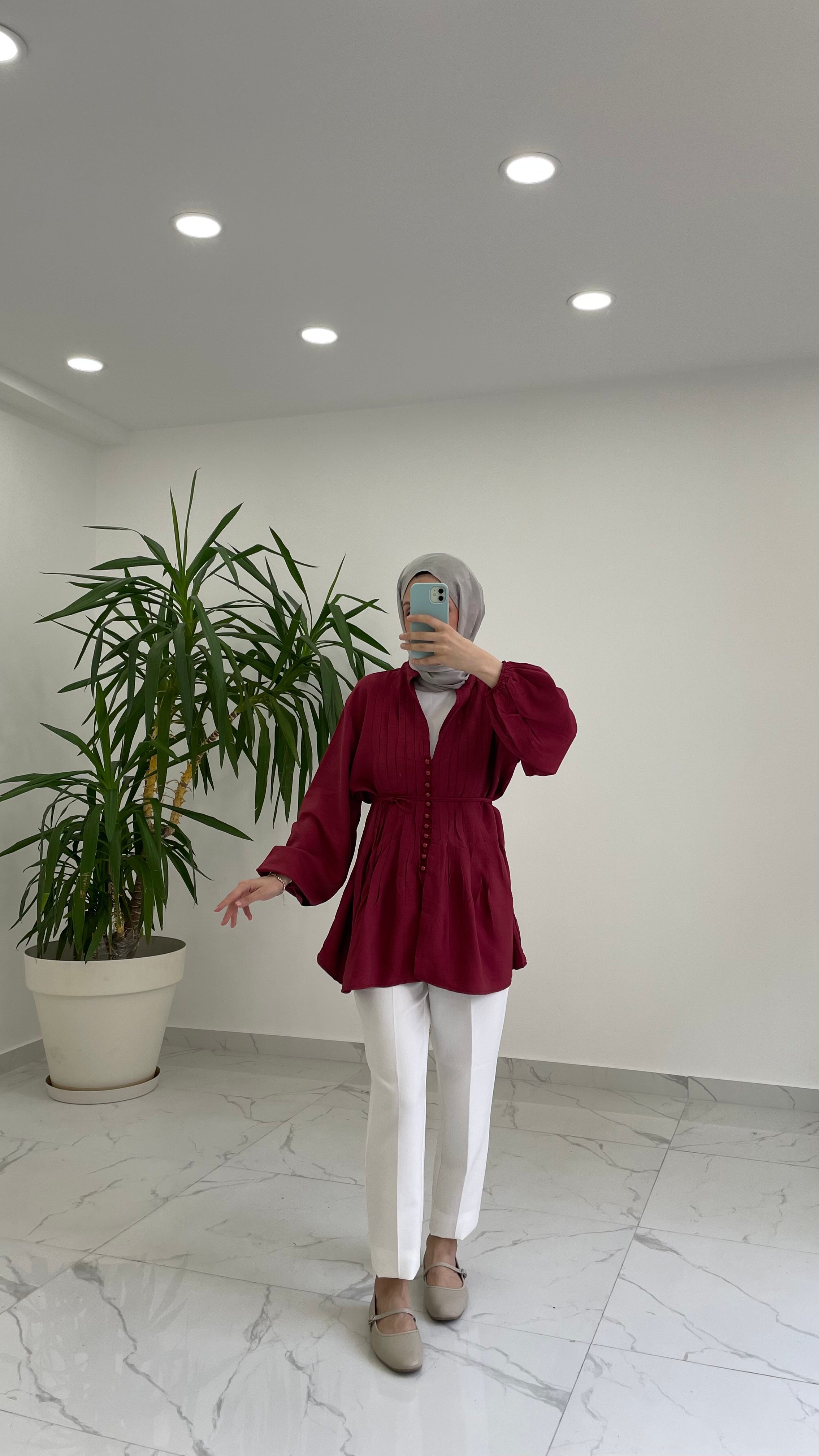 Marin Tencel Kumaş Kemerli Gömlek - Bordo