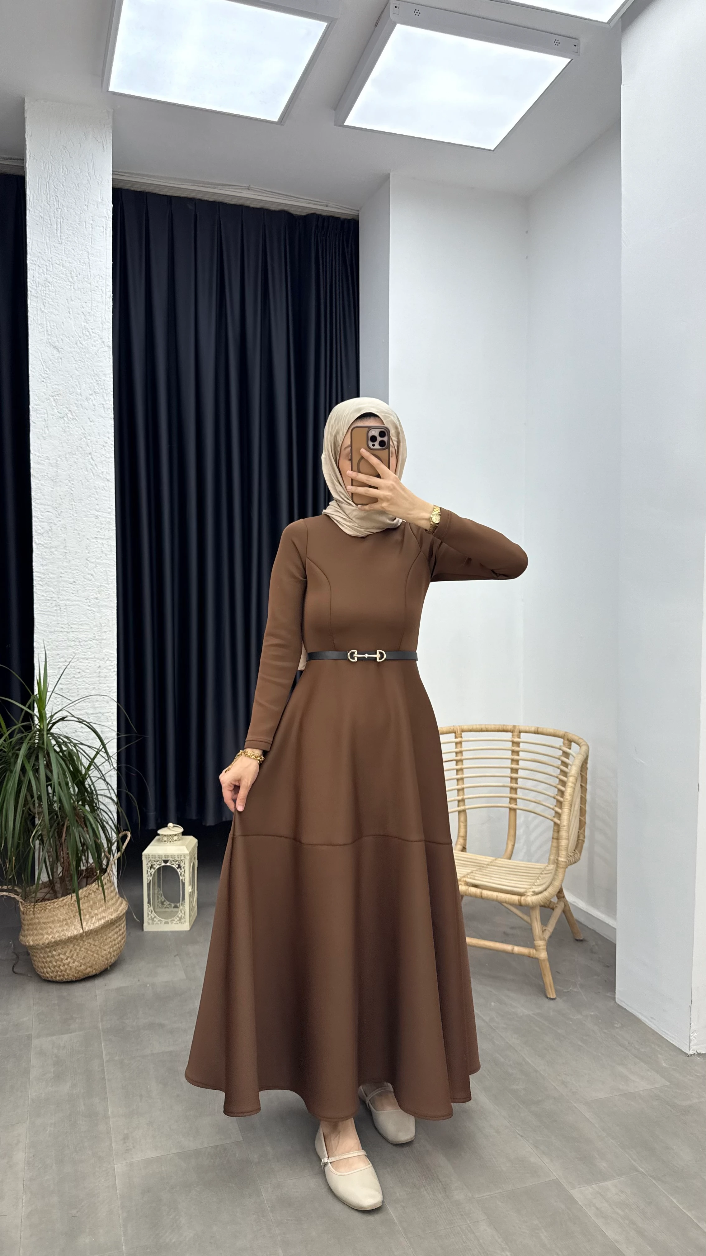 Puf Scuba Elbise - Kahverengi