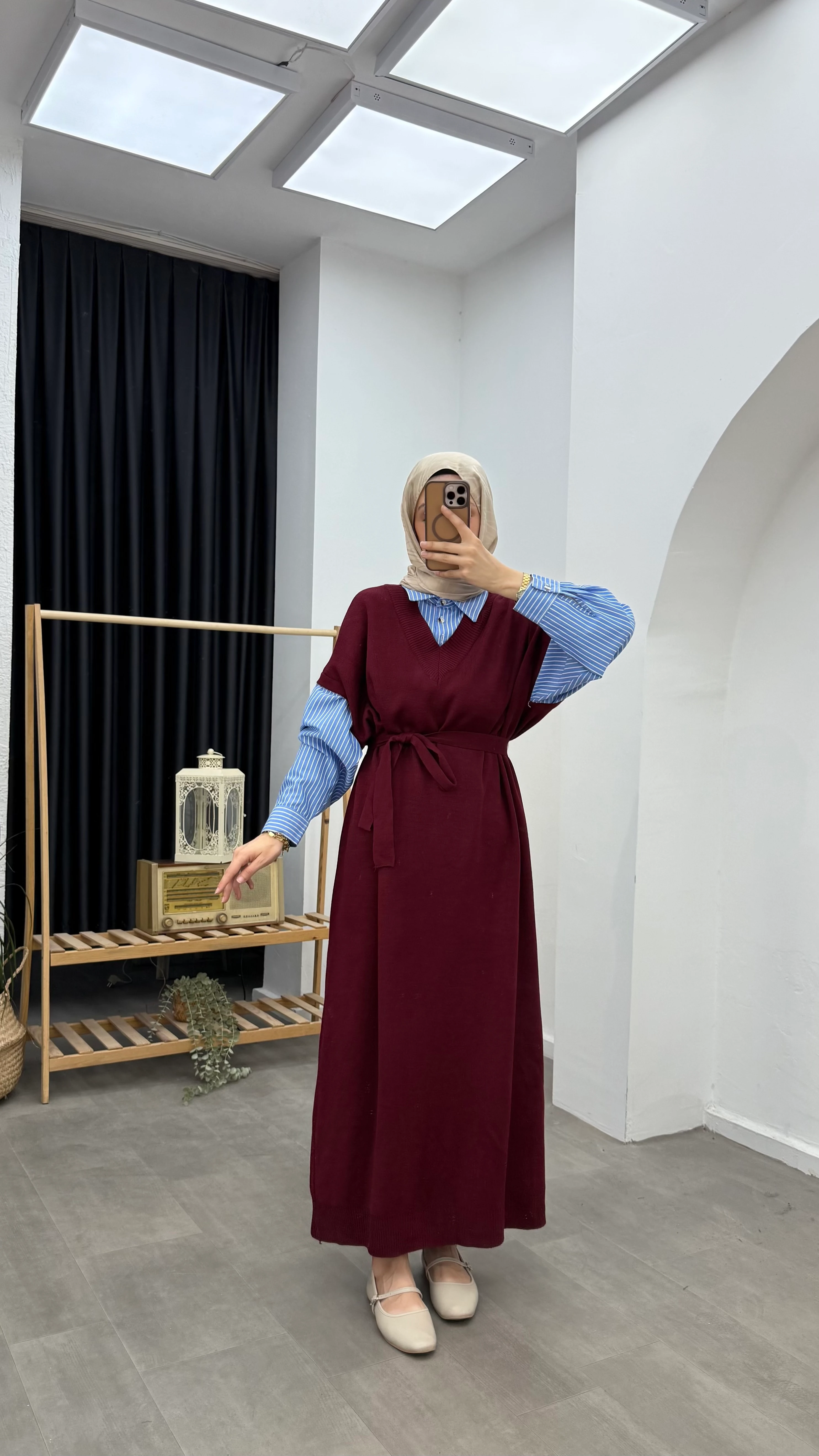 Poplin Detaylı Triko Elbise - Bordo