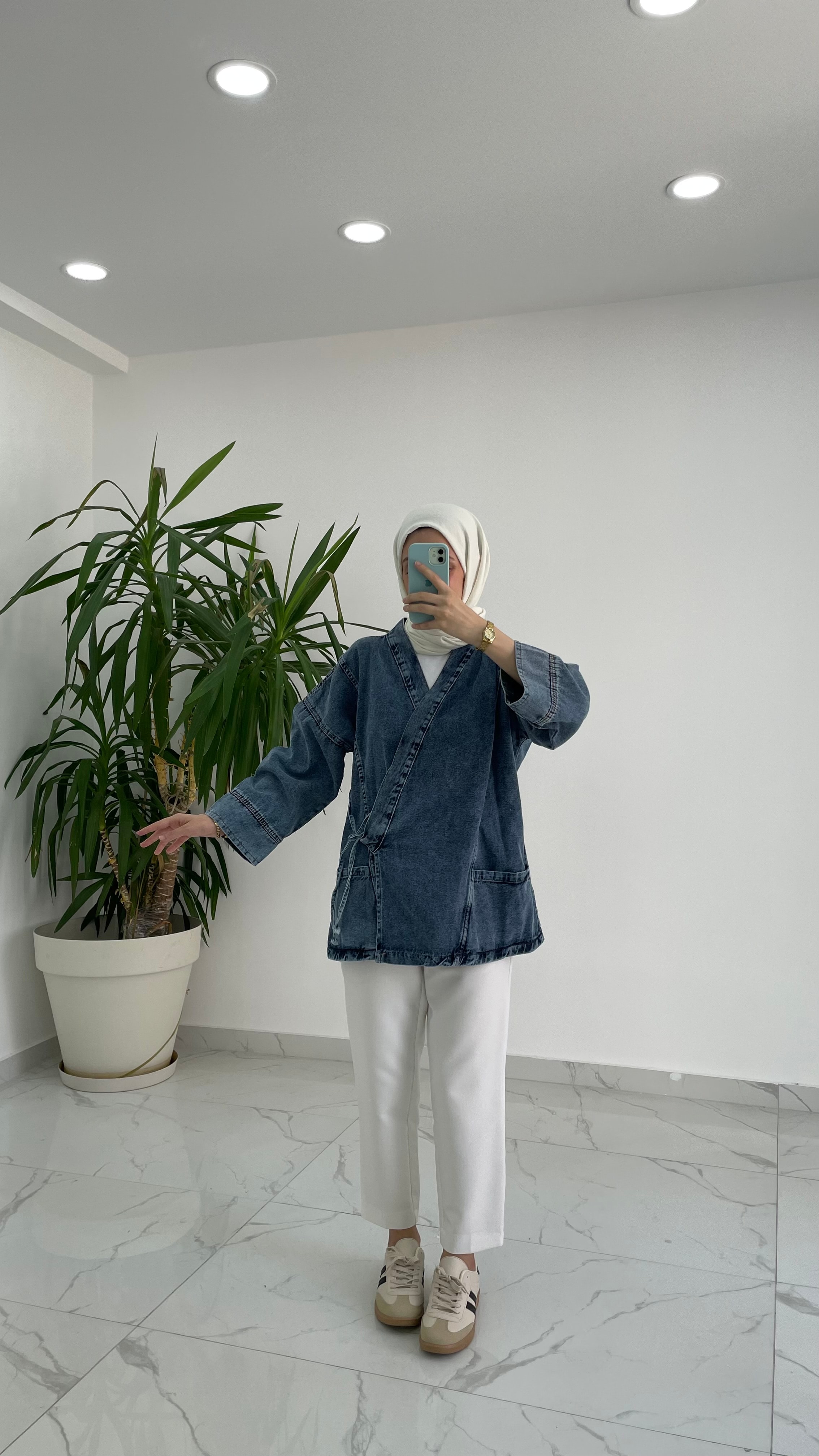 Bağlama Detaylı Denim Kimono - Mavi