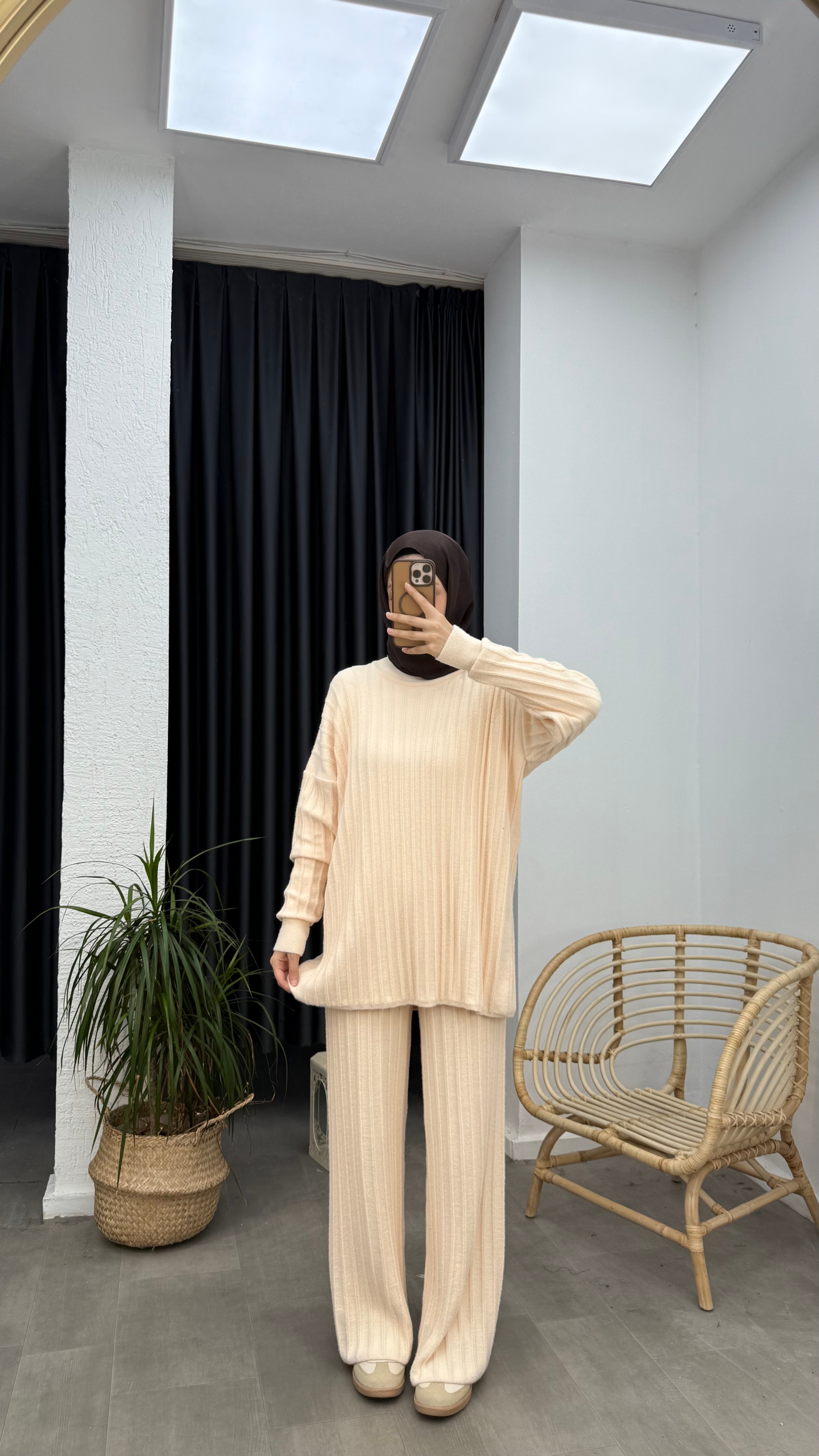 Premium Fitilli Angora İkili Takım - Ekru