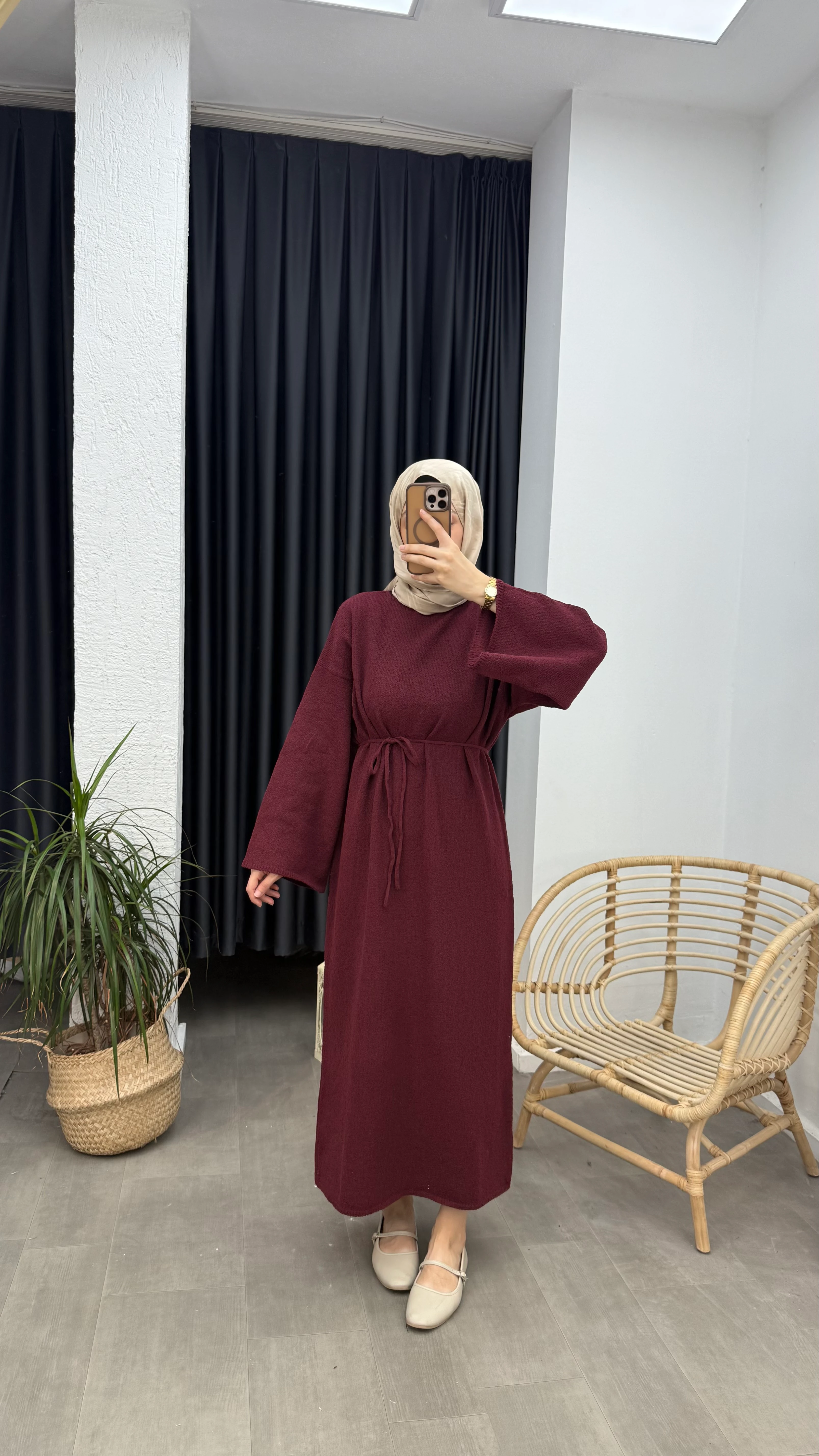 Punto Bağlama Detaylı Triko Elbise - Bordo