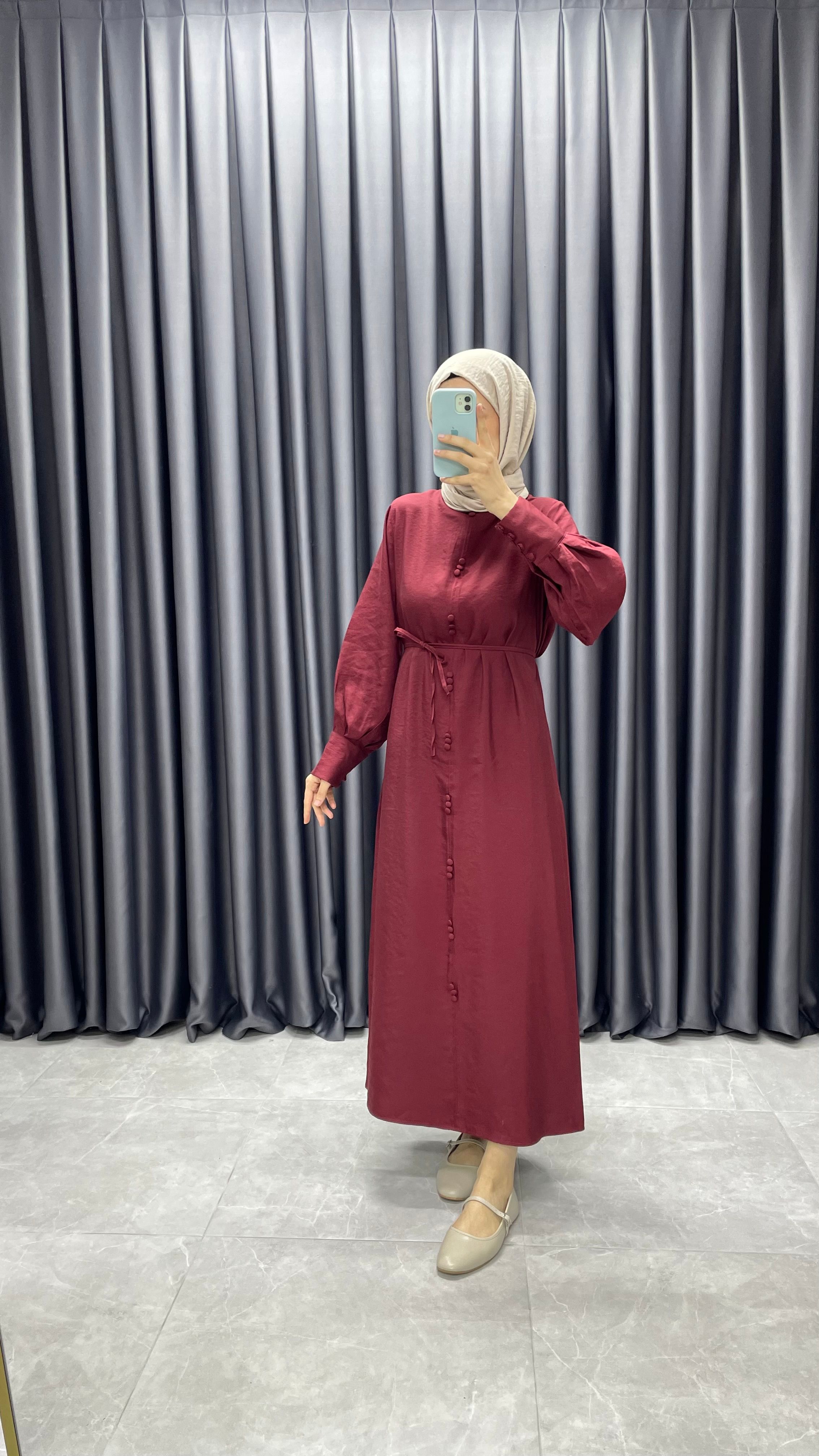 Balon Kol Düğme Detaylı Elbise - Bordo