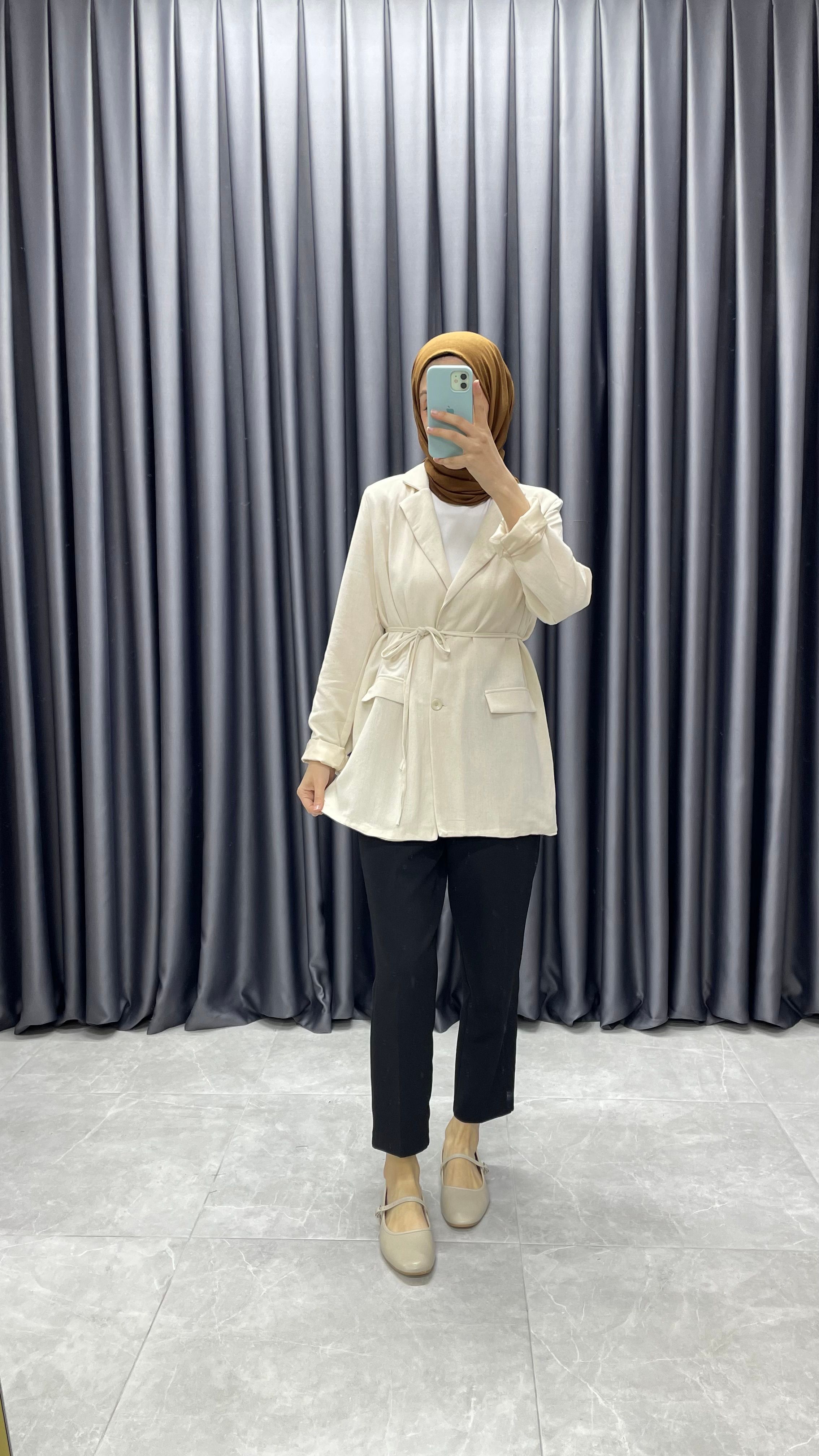 Keten Kemerli Blazer Ceket - Bej