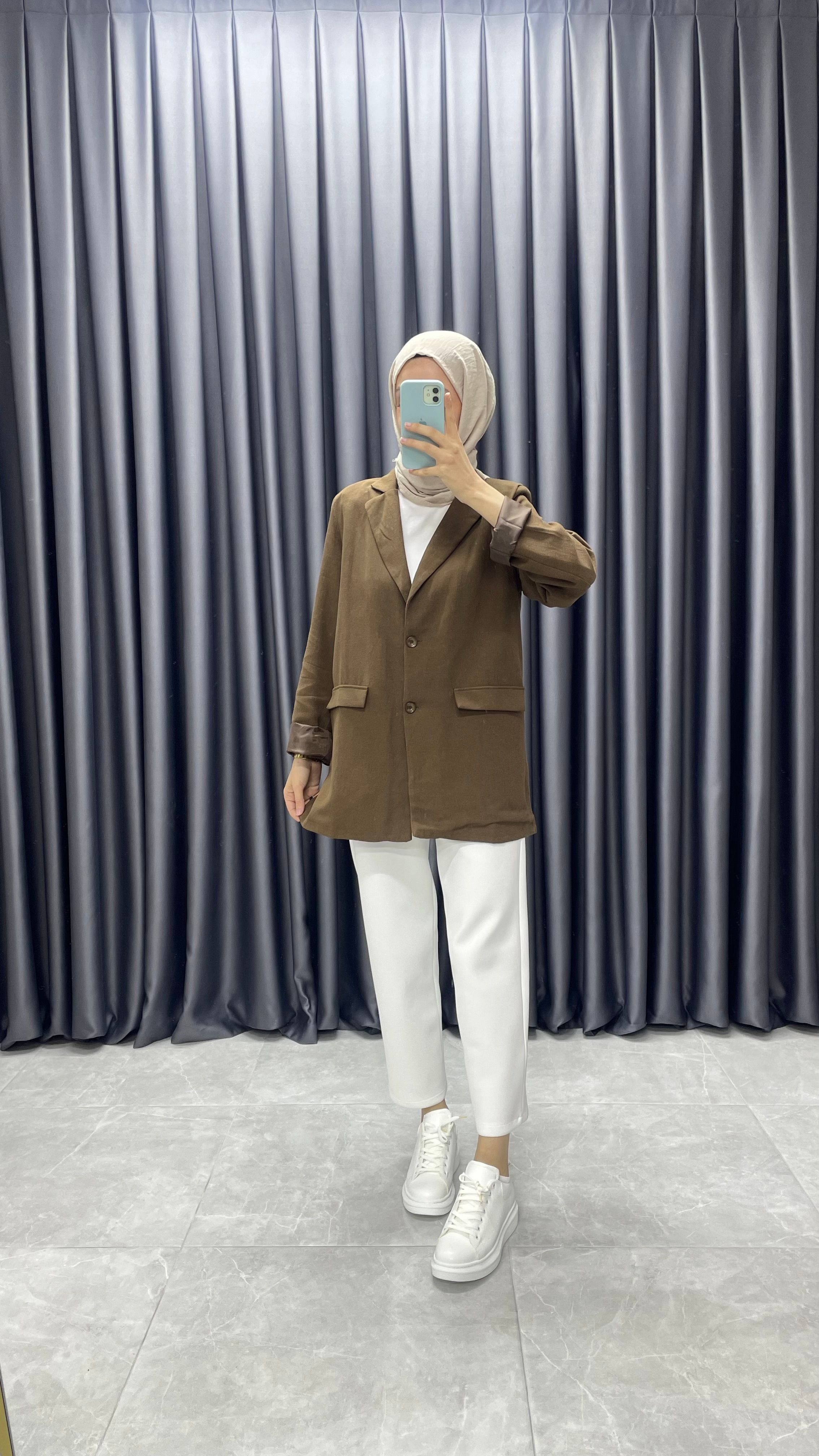 Keten Kemerli Blazer Ceket