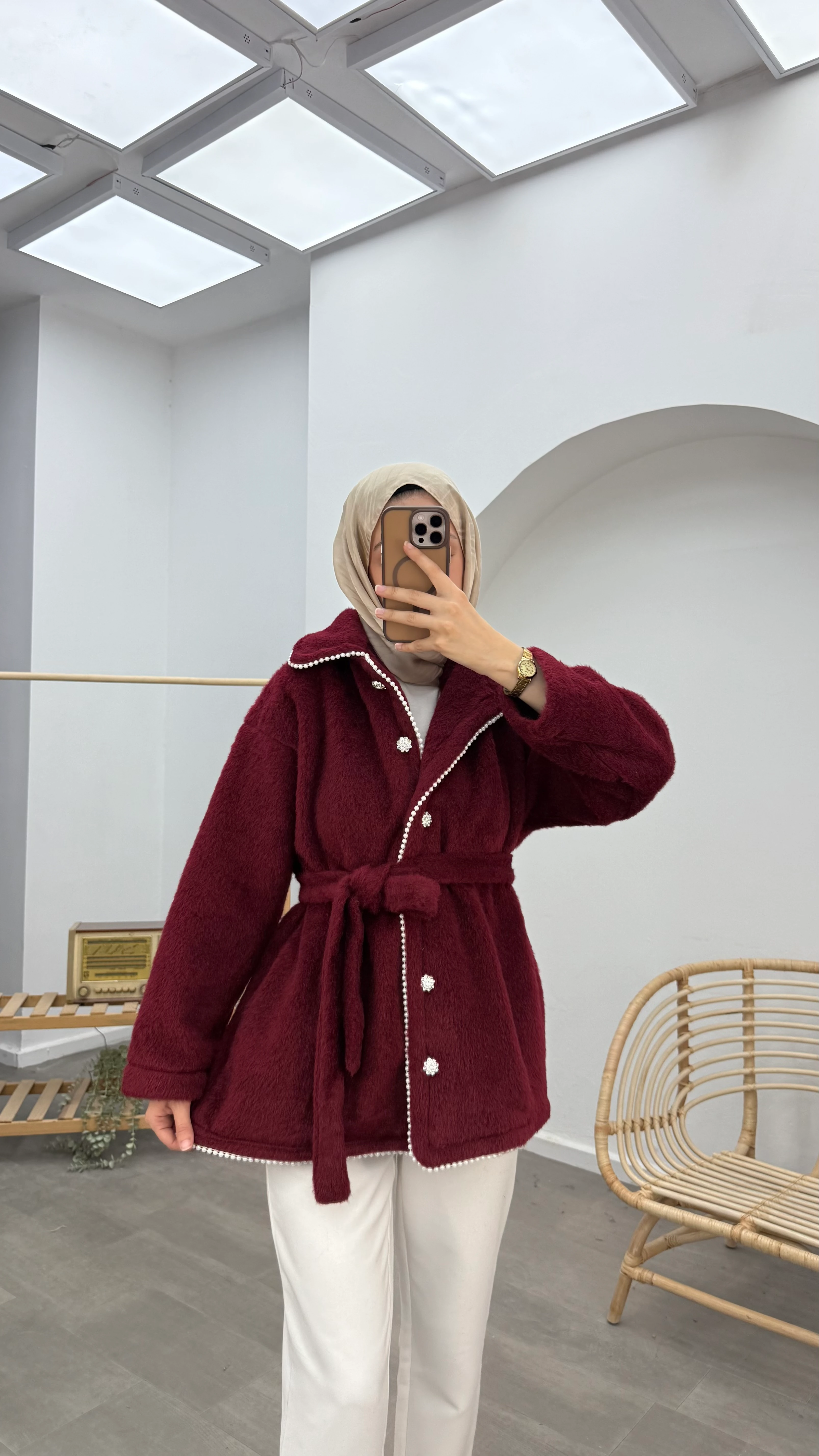 İnci Detaylı Kaşe Kaban - Bordo