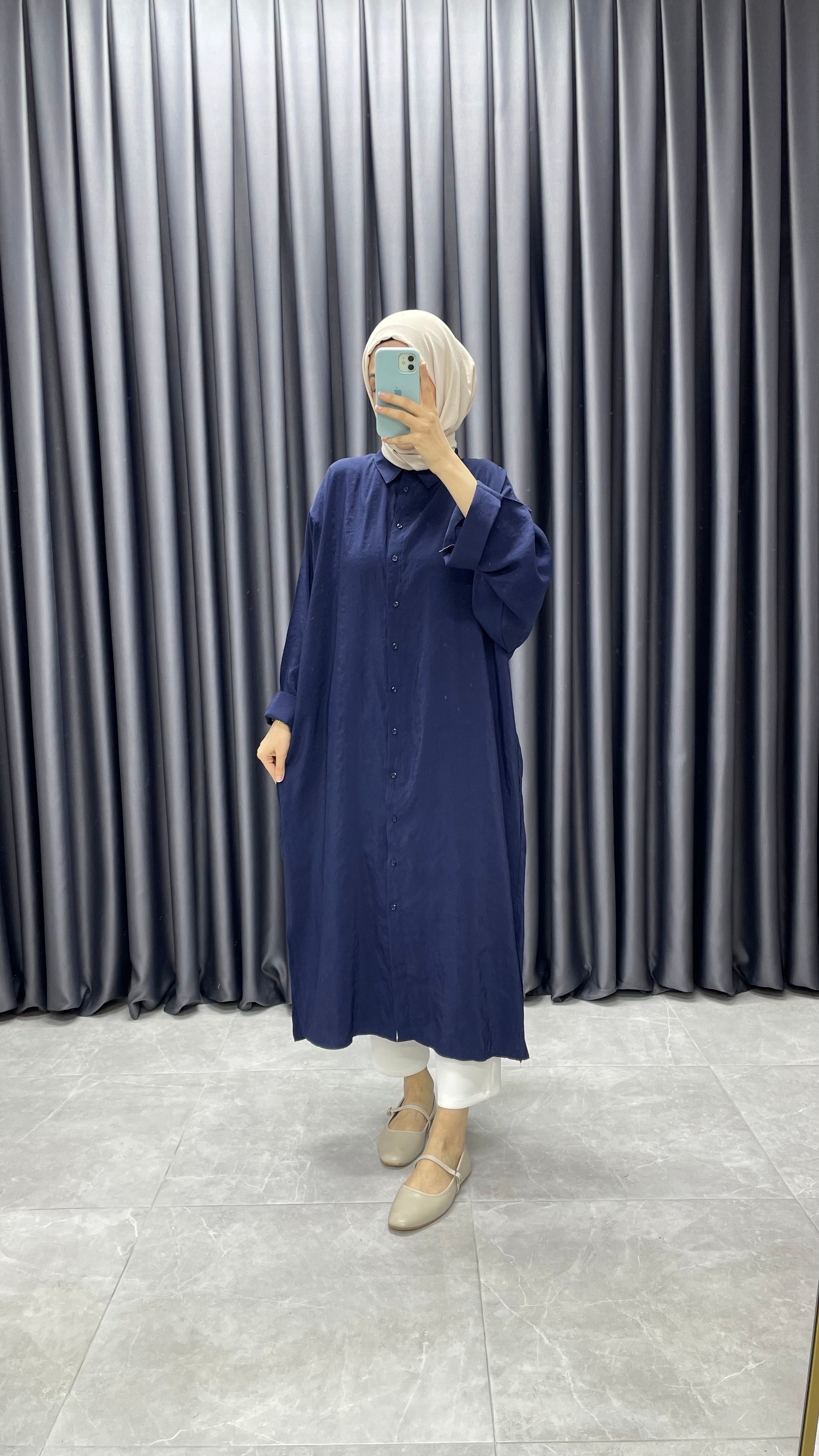 Tencel Kumaş Gömlek Elbise - Lacivert