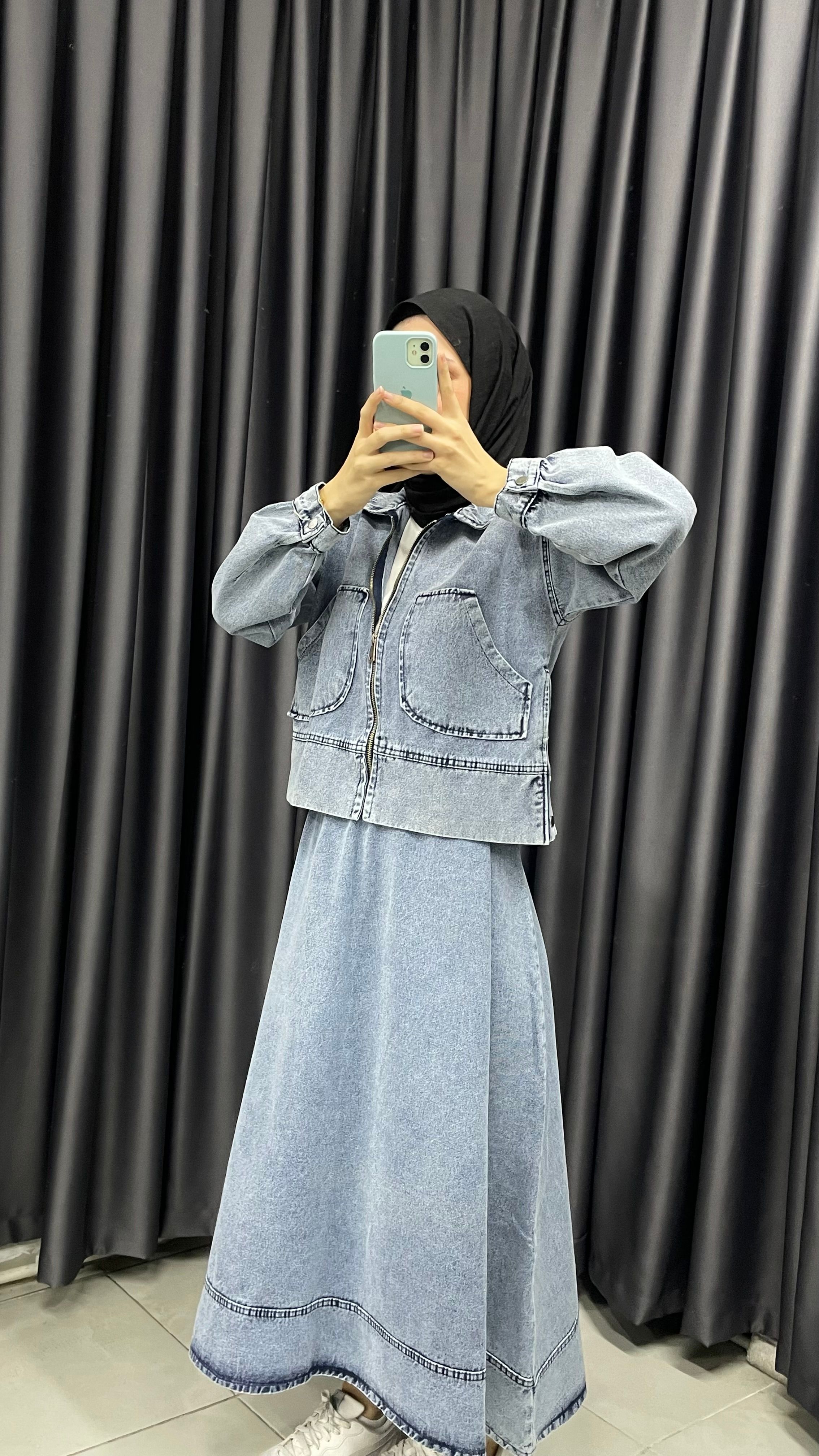 Denim Crop Ceket Etek Takım