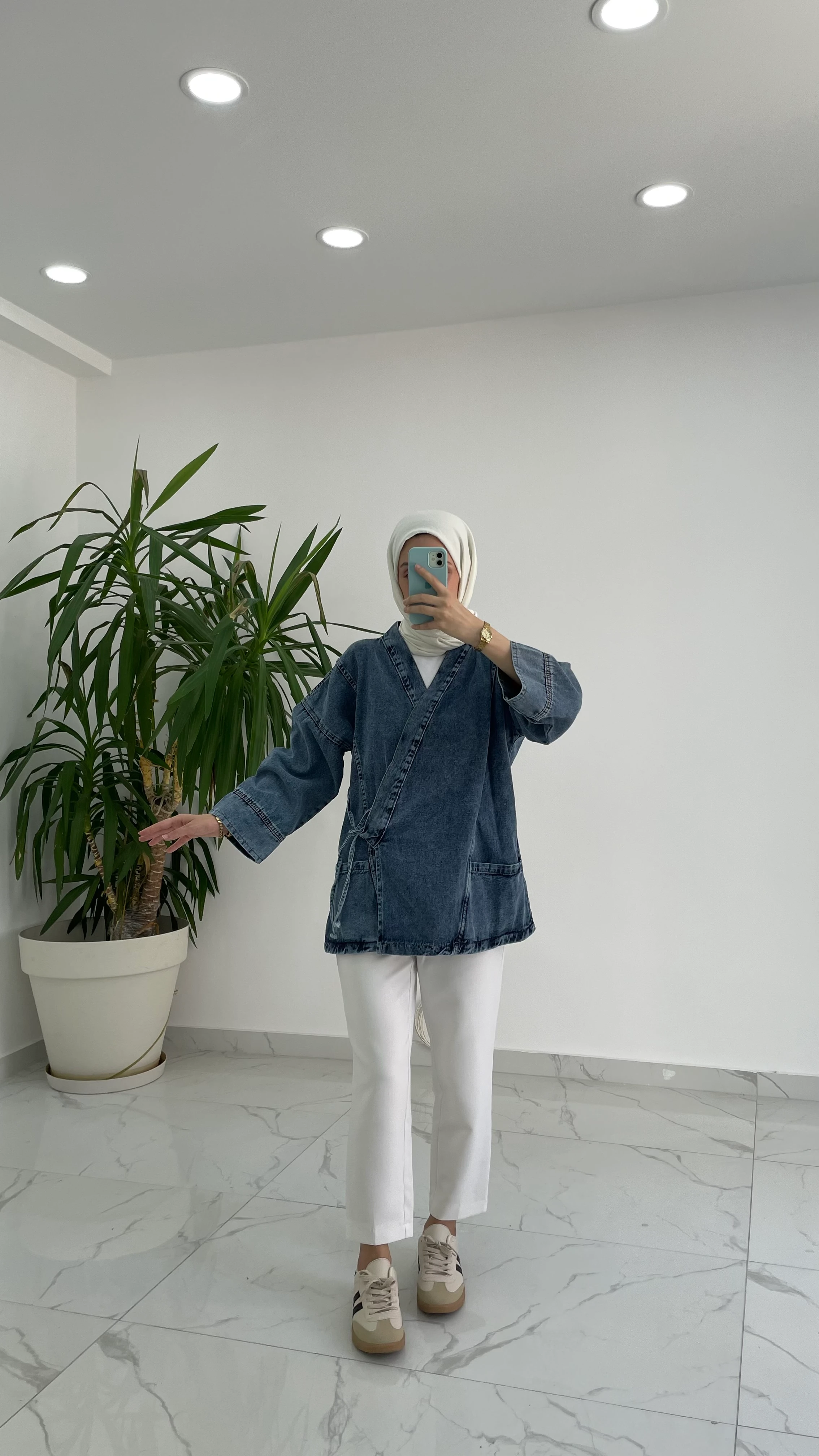 Bağlama Detaylı Denim Kimono
