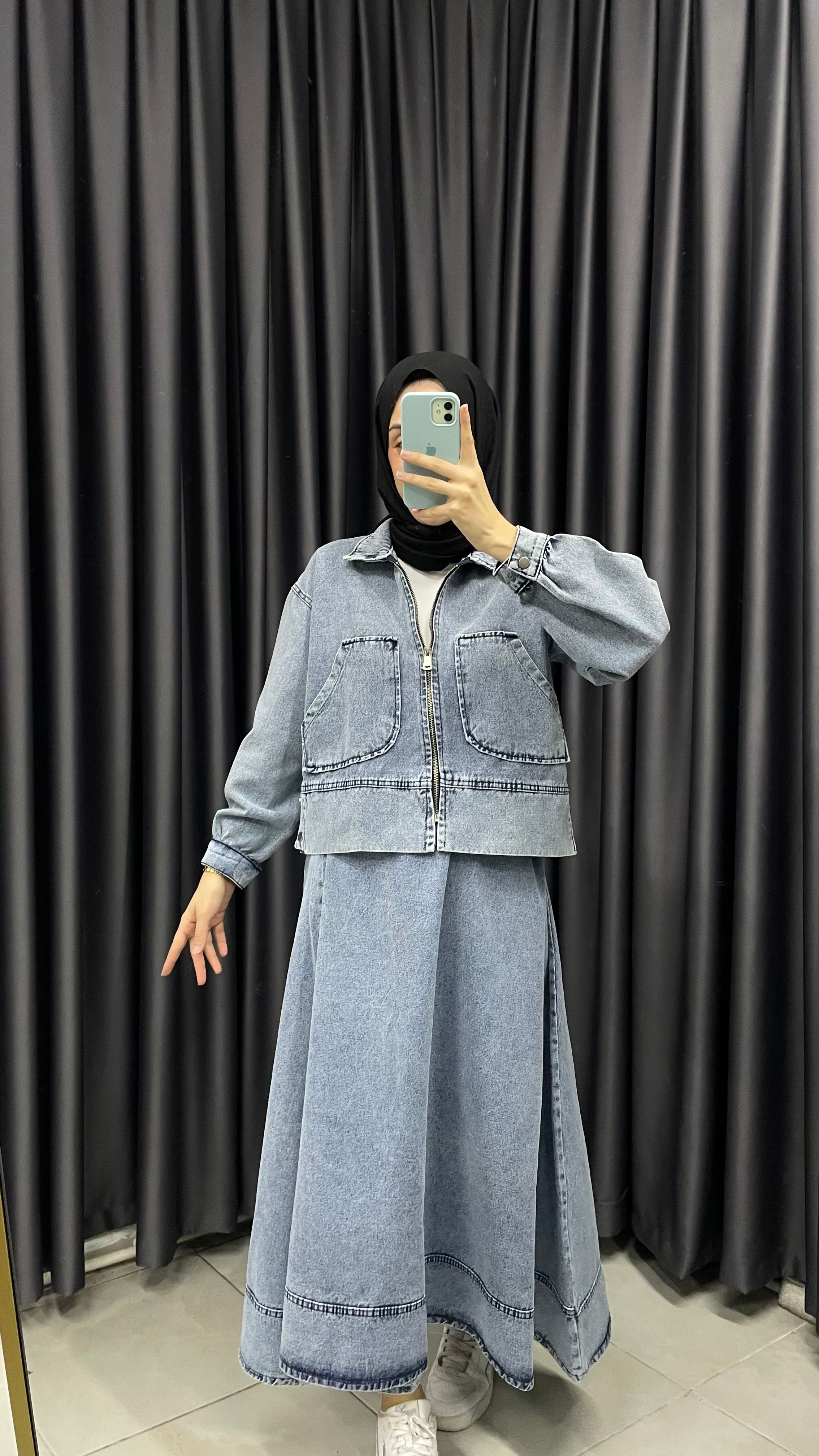 Denim Crop Ceket Etek Takım