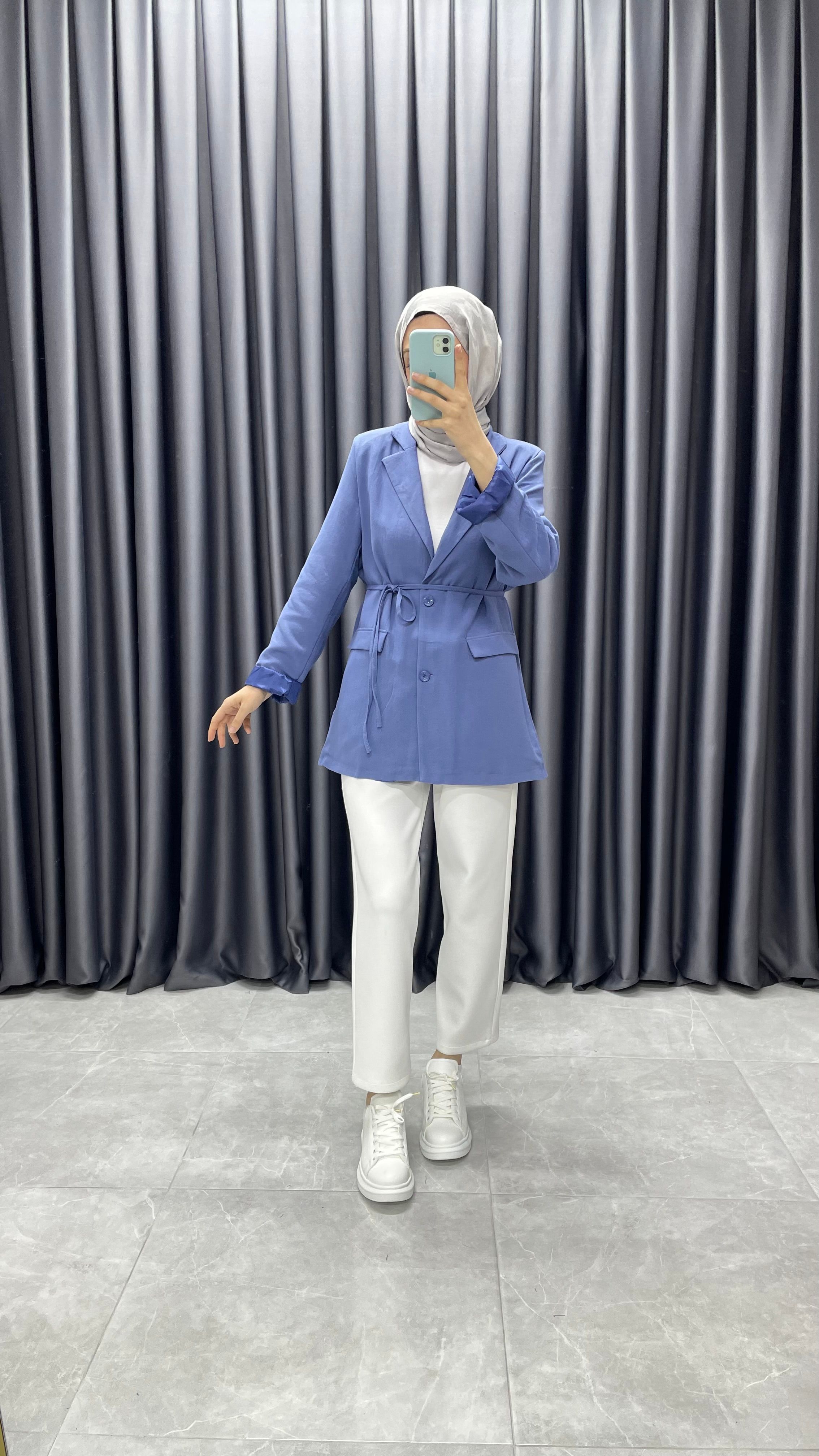 Keten Kemerli Blazer Ceket - Mavi