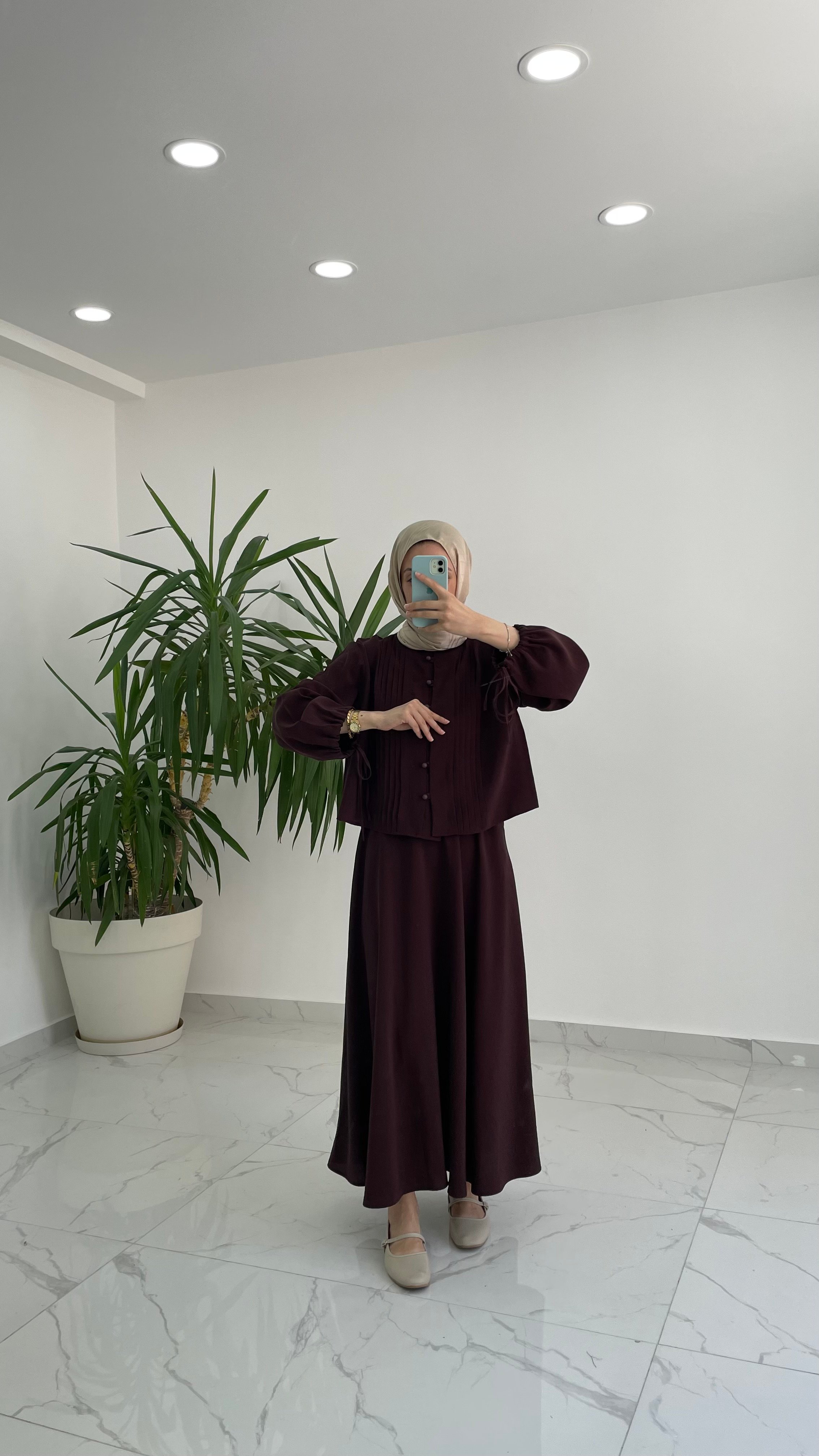Amelia Nervürlü Etek Takım - Kahverengi