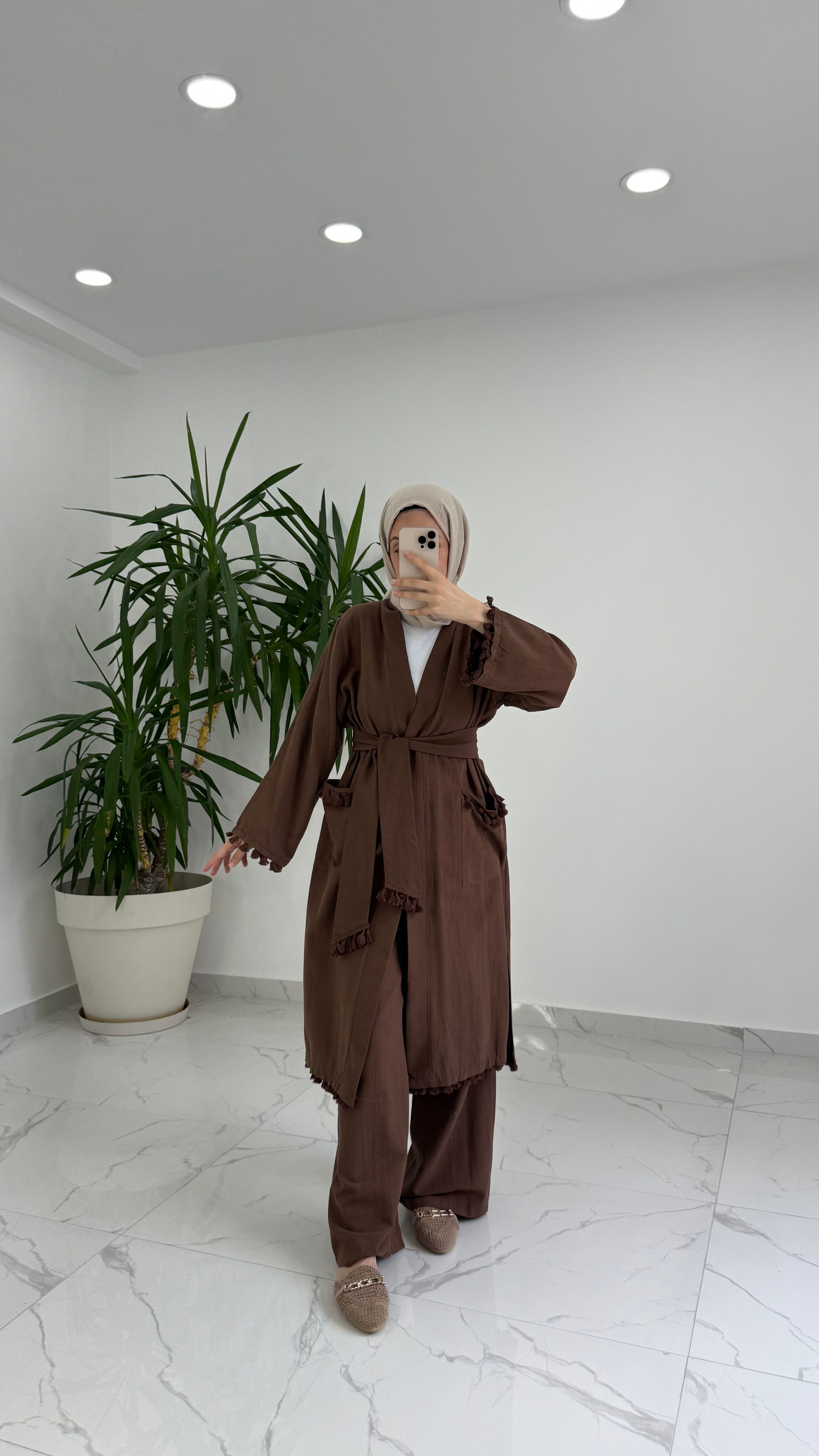 Monica Püskül Detaylı Kimono Takım - Kahverengi