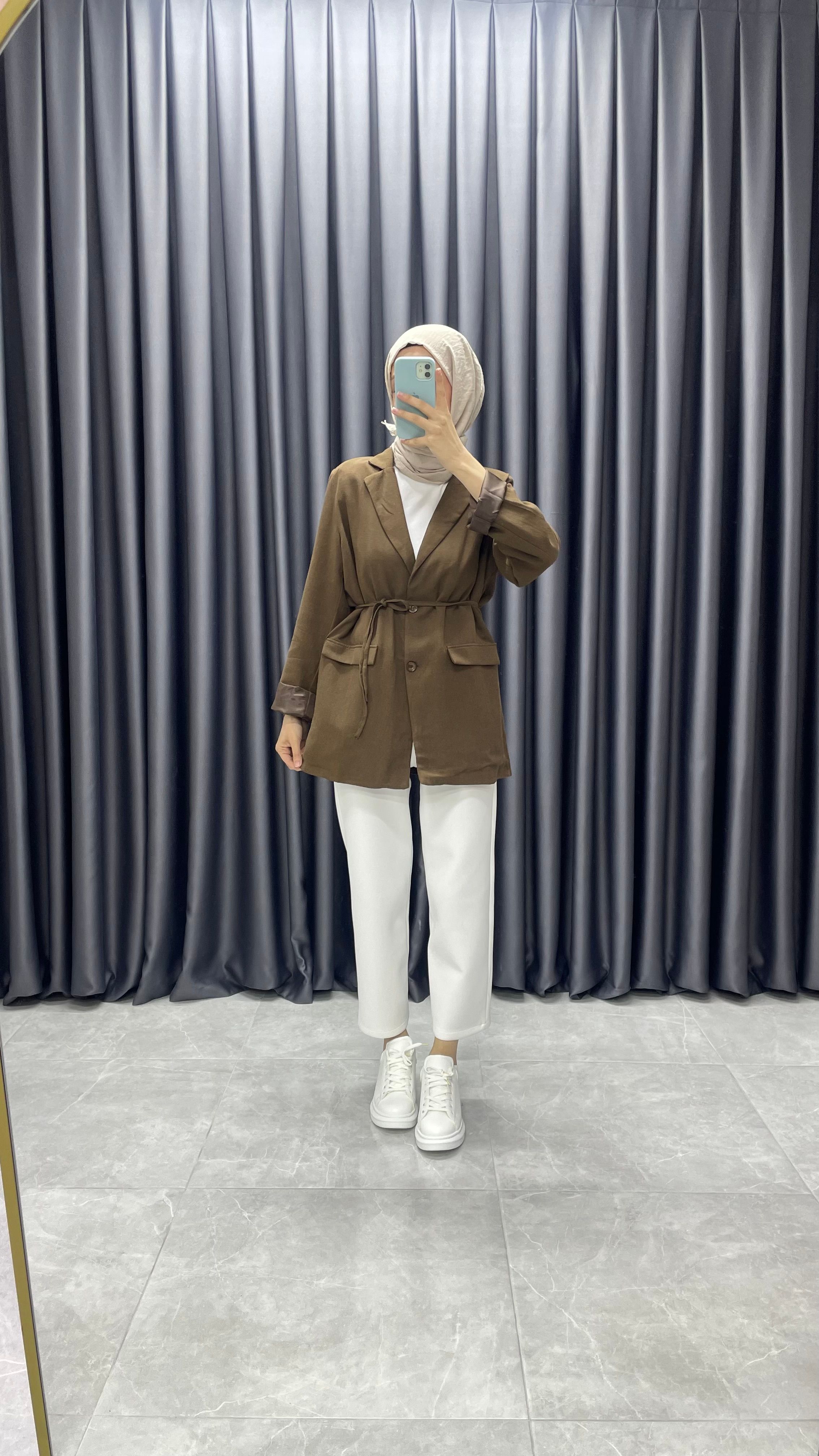 Keten Kemerli Blazer Ceket - Kahverengi
