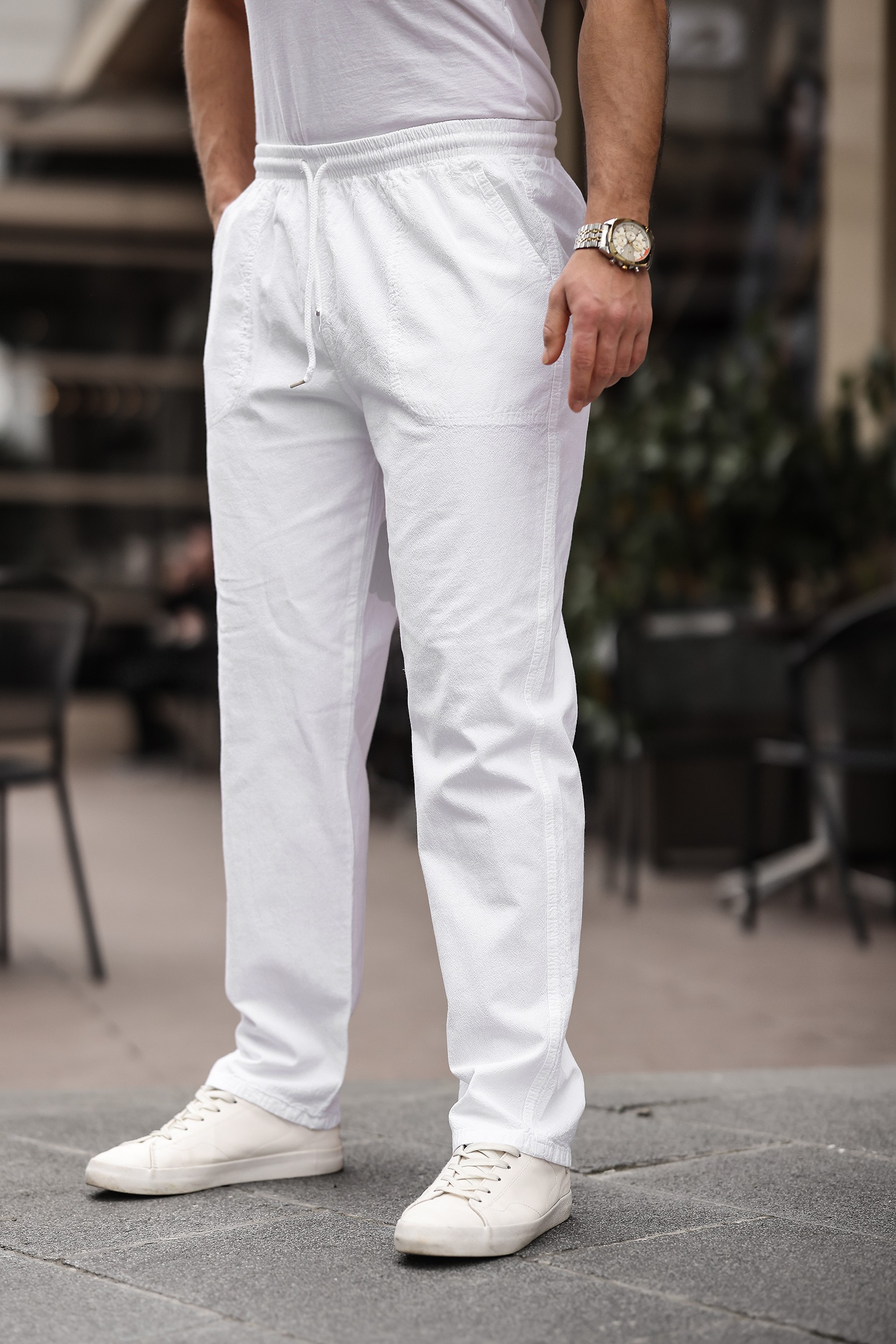 Erkek Yazlık Keten Pantolon - Beyaz