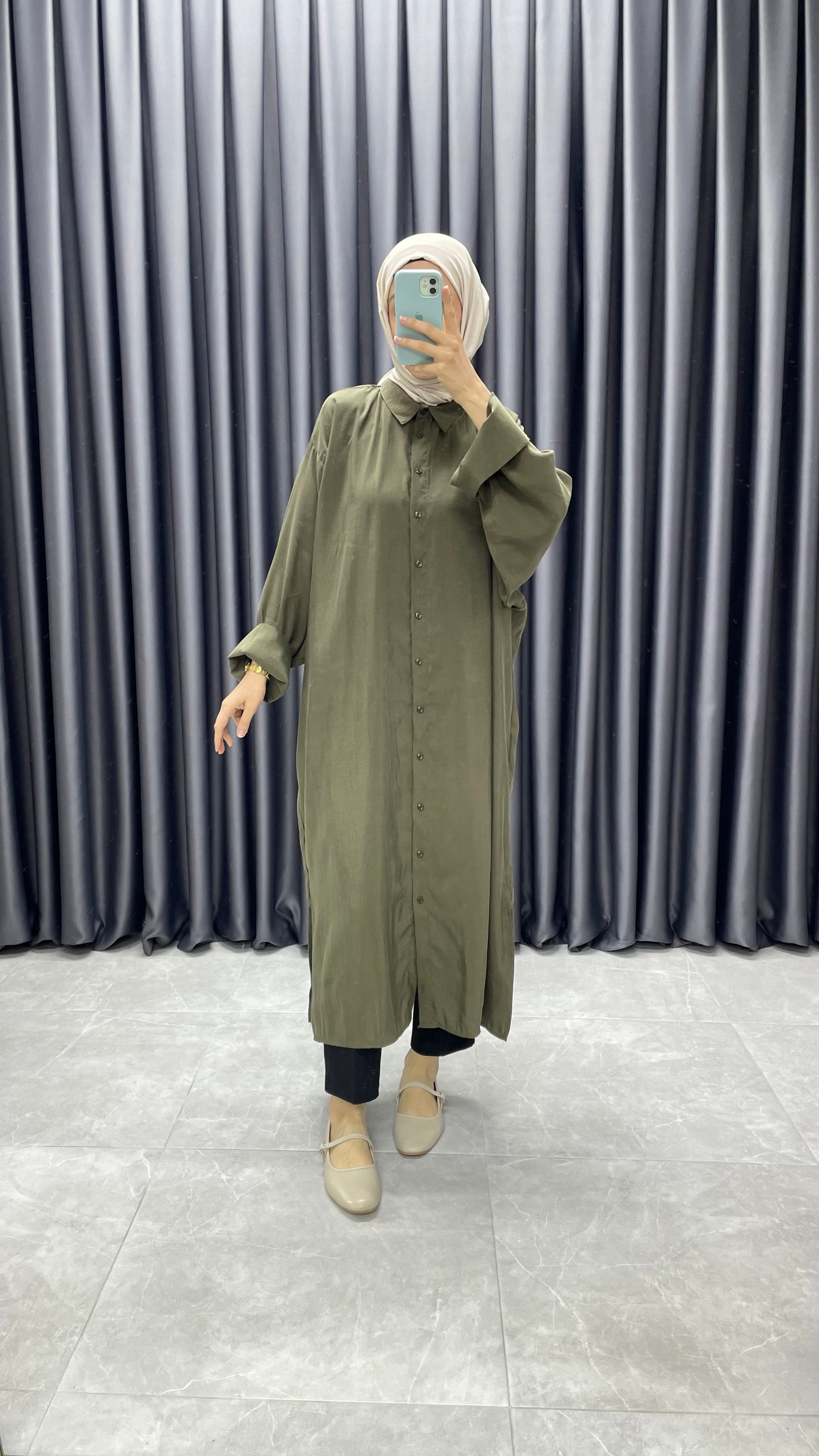 Tencel Kumaş Gömlek Elbise - Haki