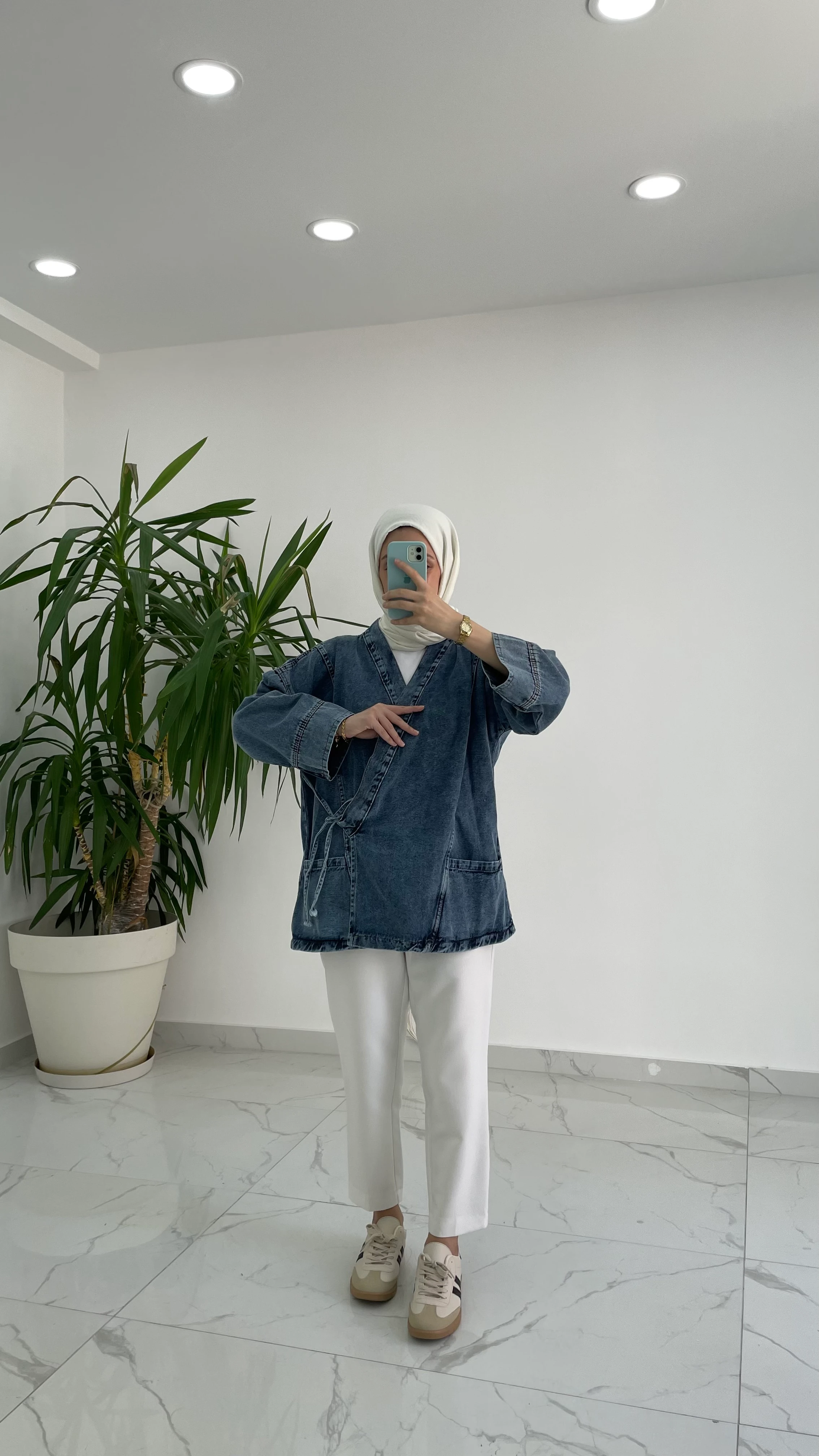 Bağlama Detaylı Denim Kimono