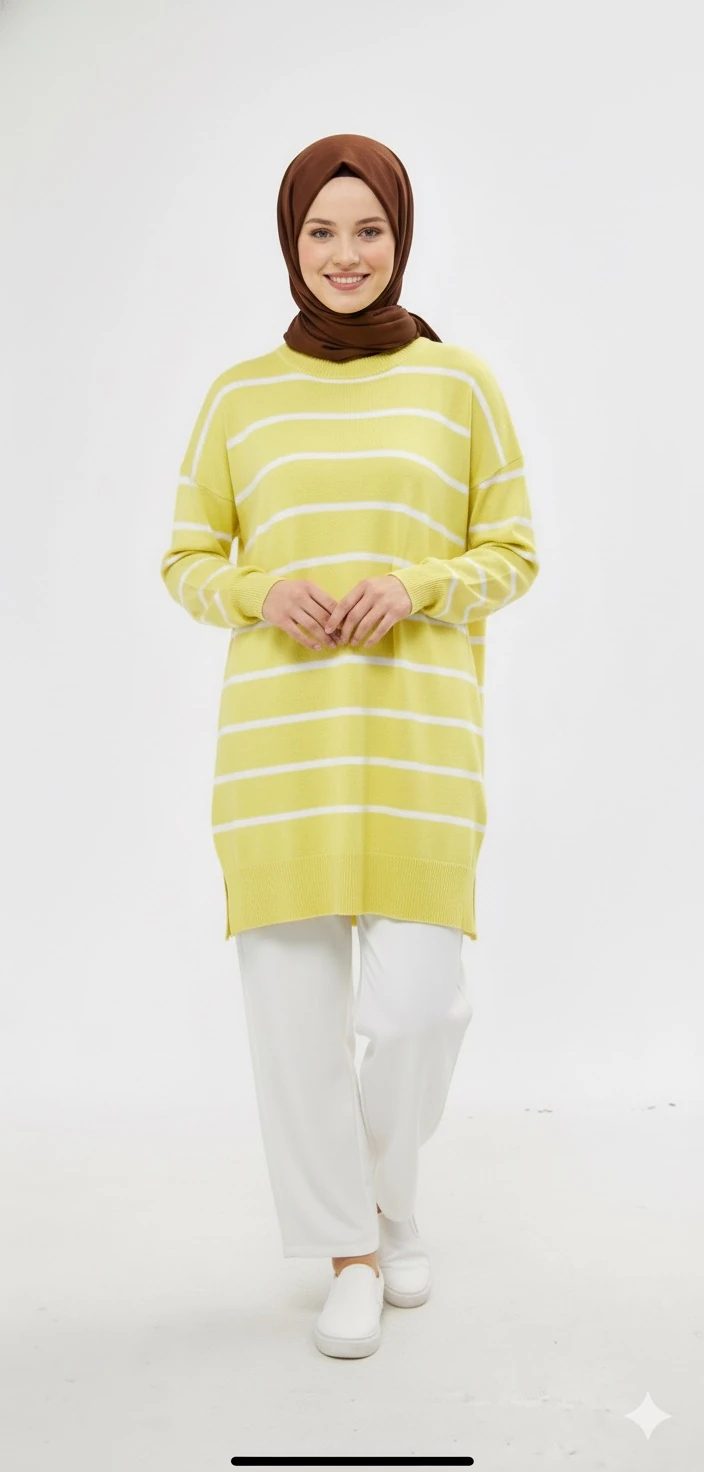 Bisiklet Yaka Merserize Çizgili Tunik - Sarı