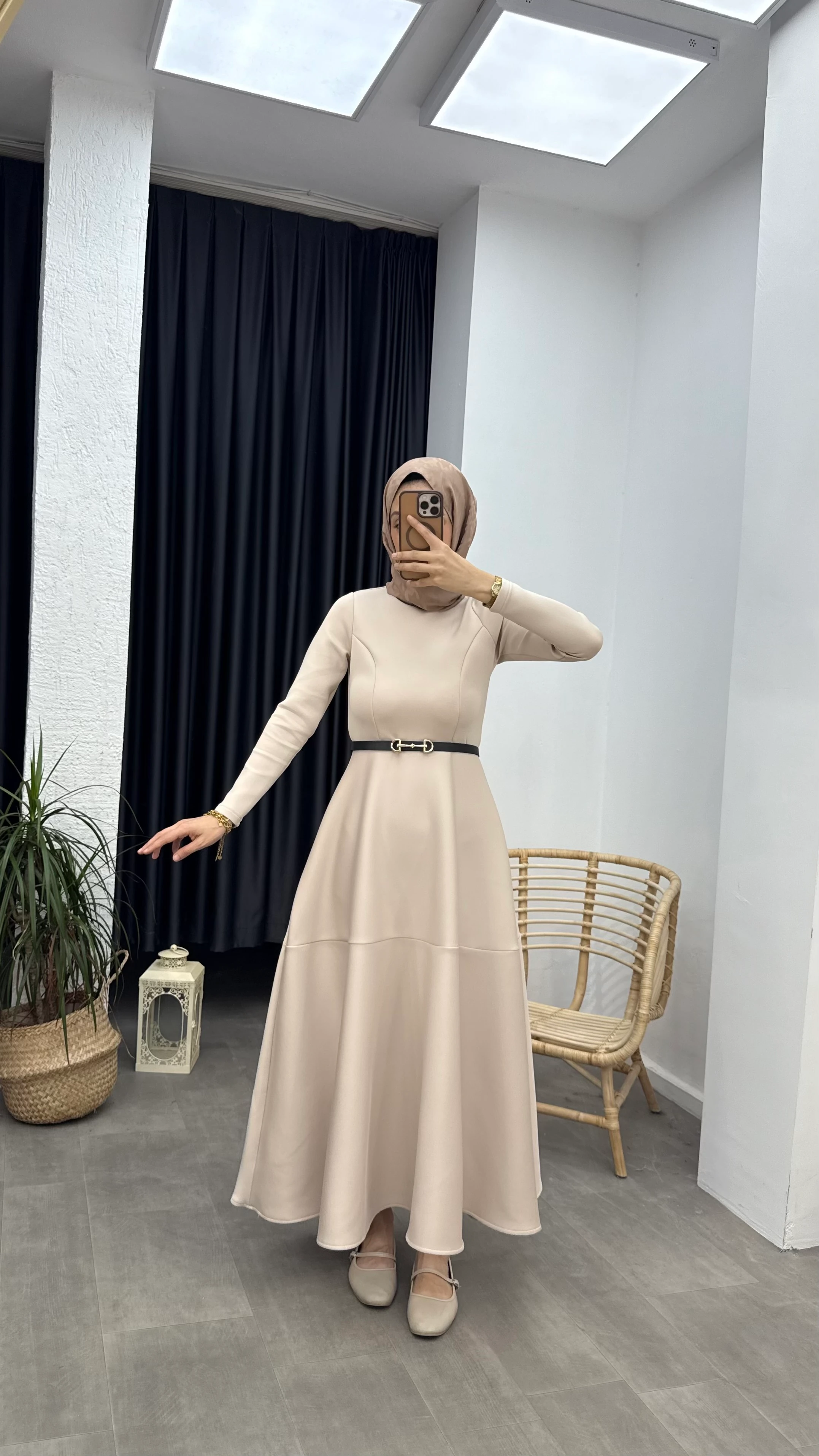 Puf Scuba Elbise - Bej