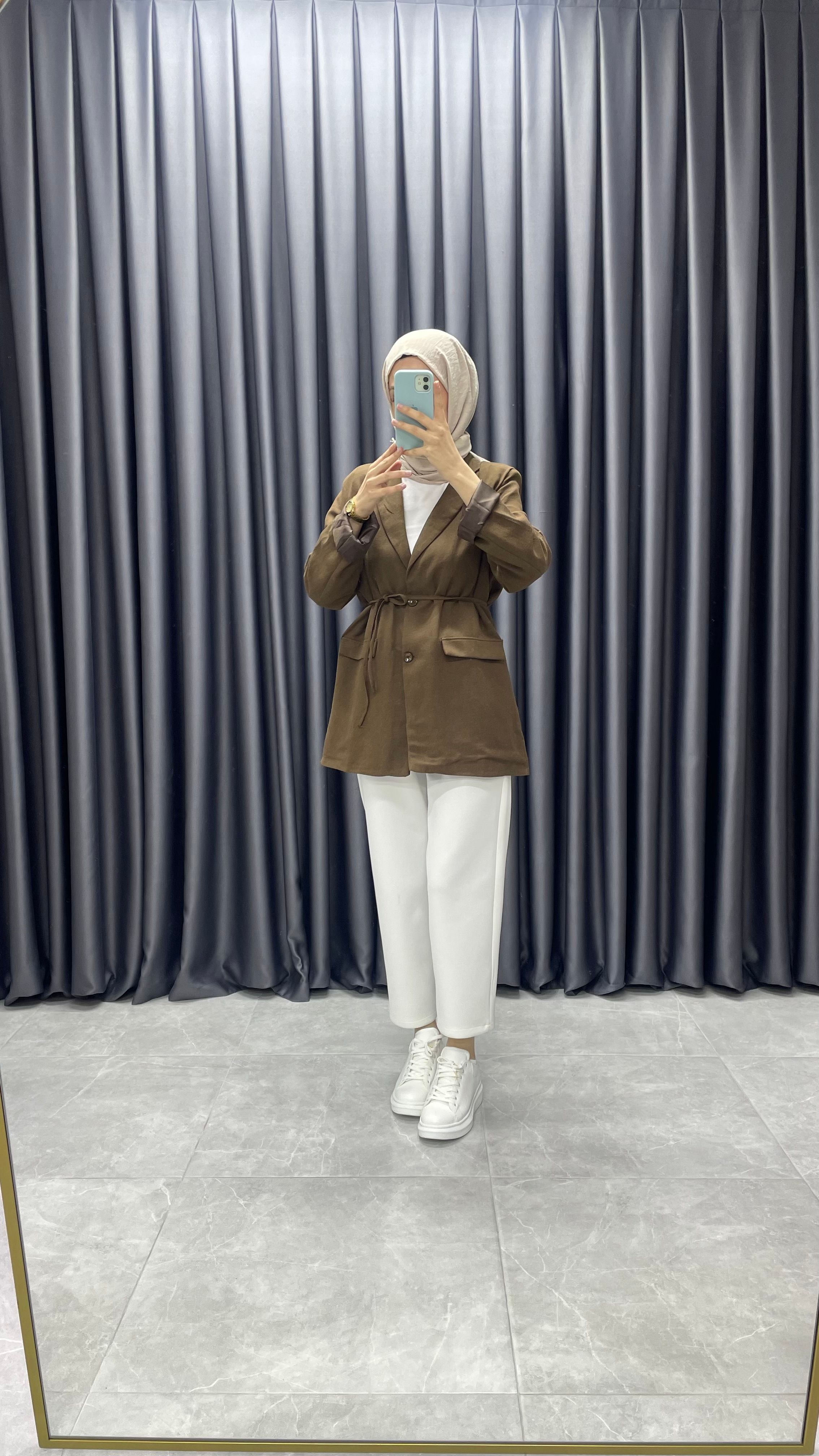 Keten Kemerli Blazer Ceket