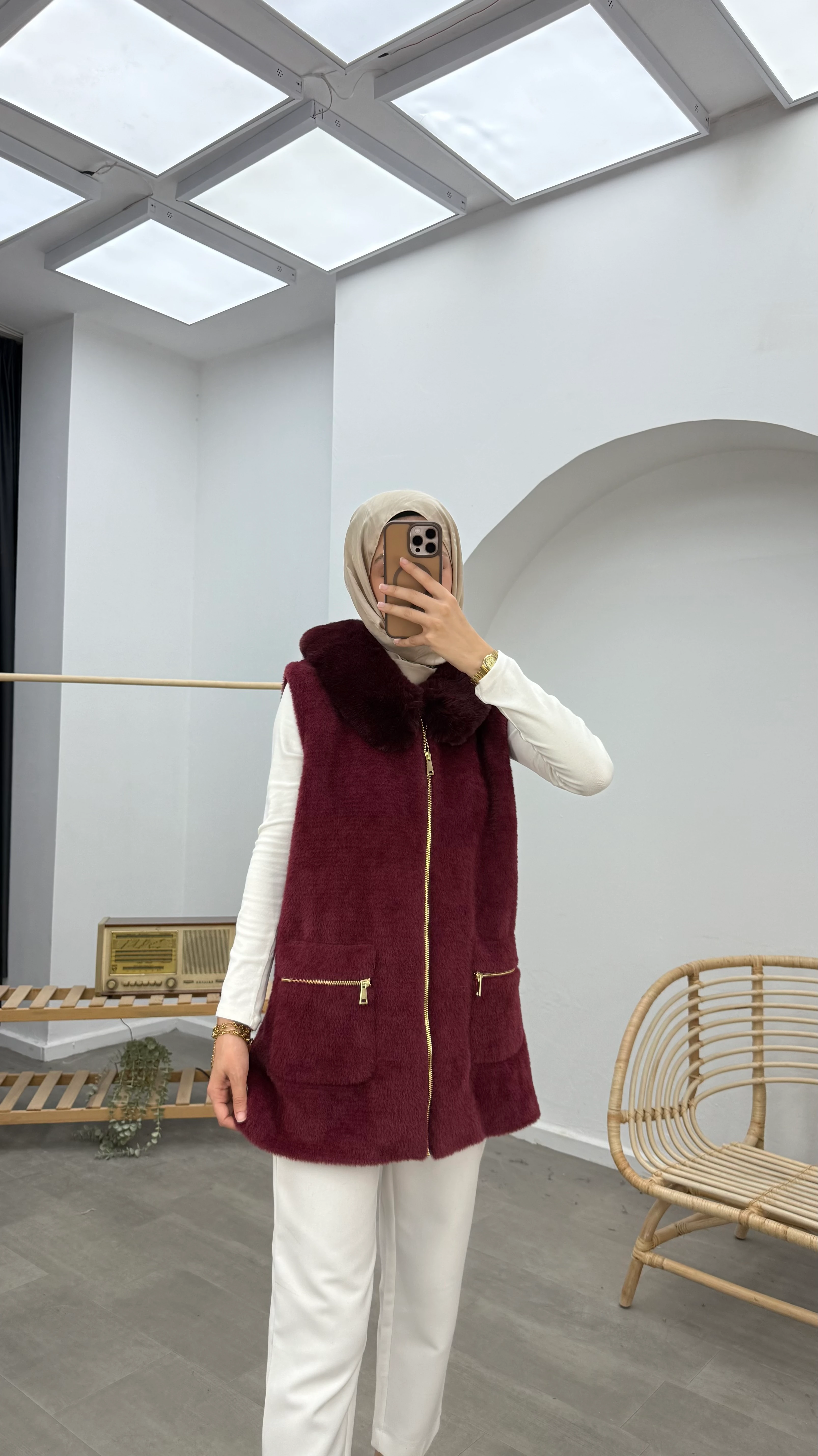 Kürklü Premium Angora Yelek - Bordo