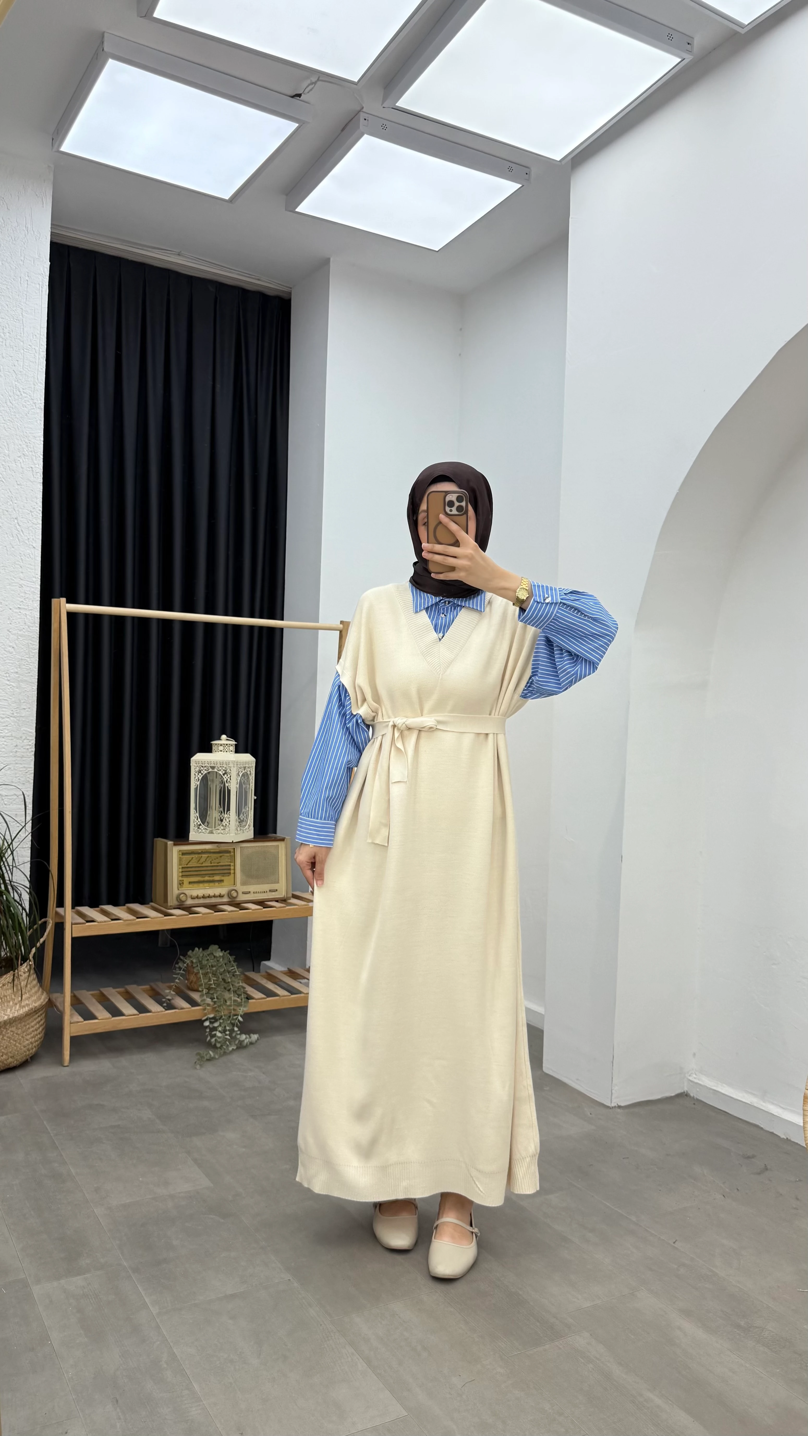 Poplin Detaylı Triko Elbise - Bej