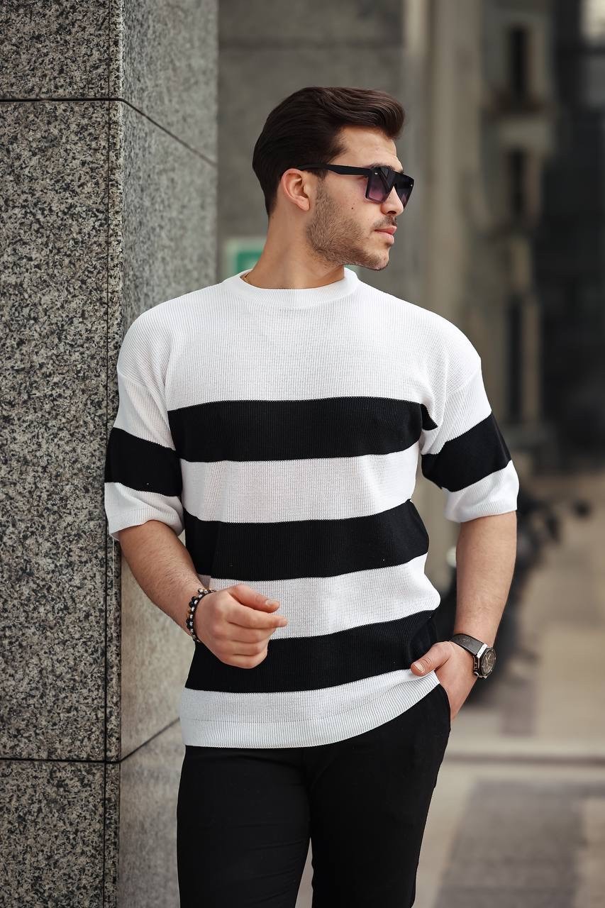 Basic Parçalı Oversize Triko T-shirt - Beyaz
