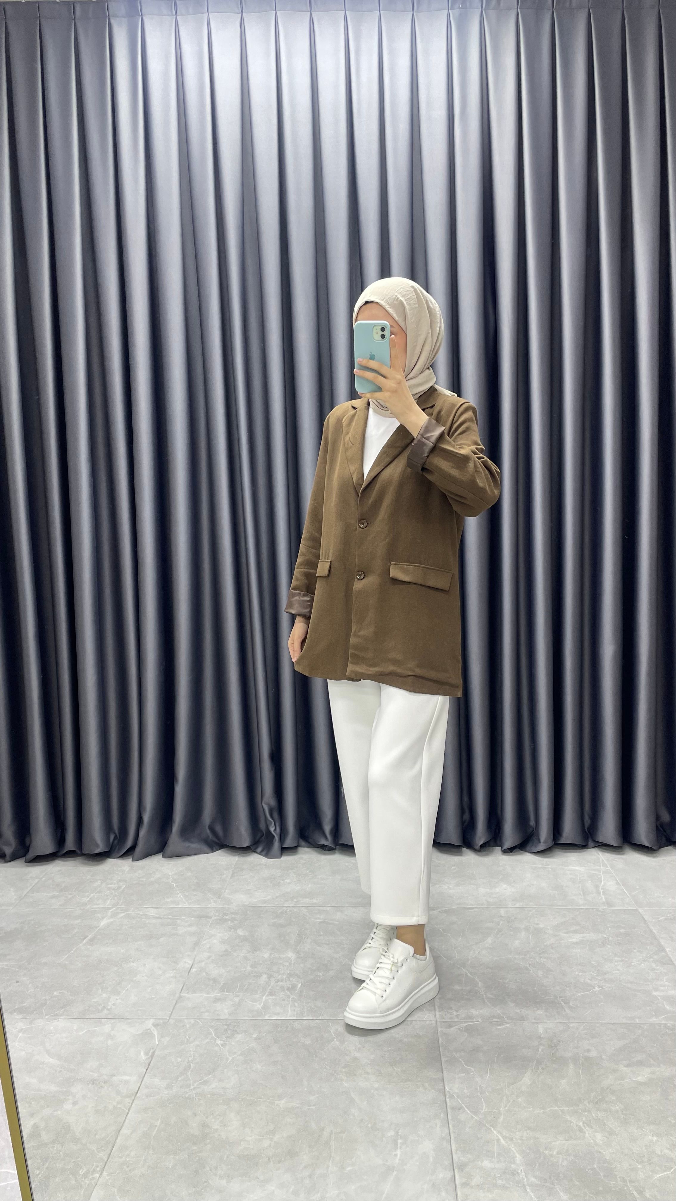 Keten Kemerli Blazer Ceket