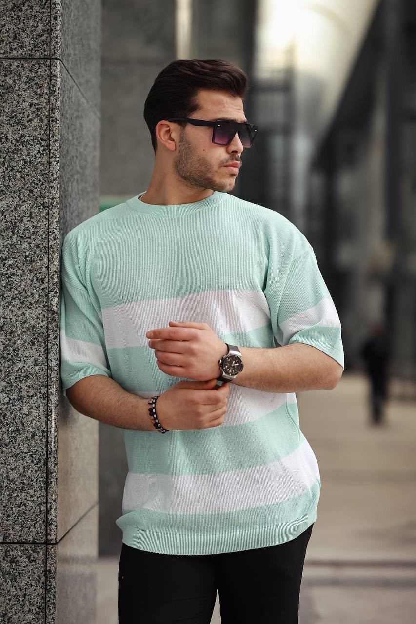 Basic Parçalı Oversize Triko T-shirt - Mint Yeşili