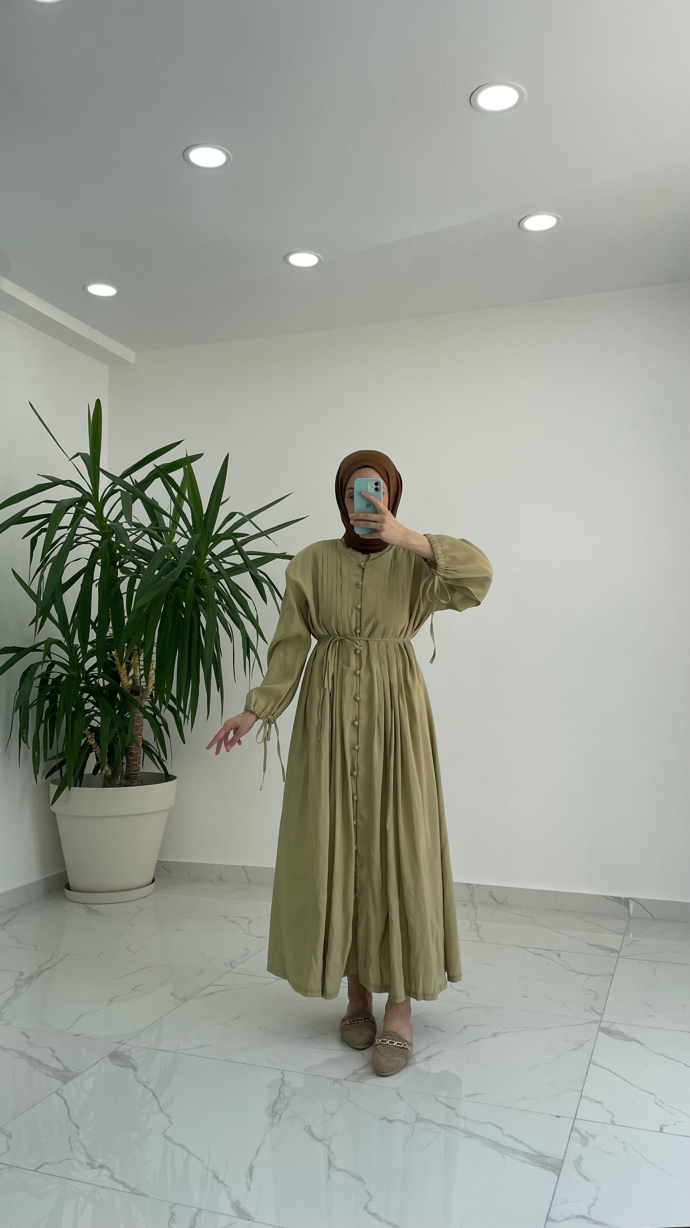 Polly Nervür Detaylı Elbise - Yağ Yeşili