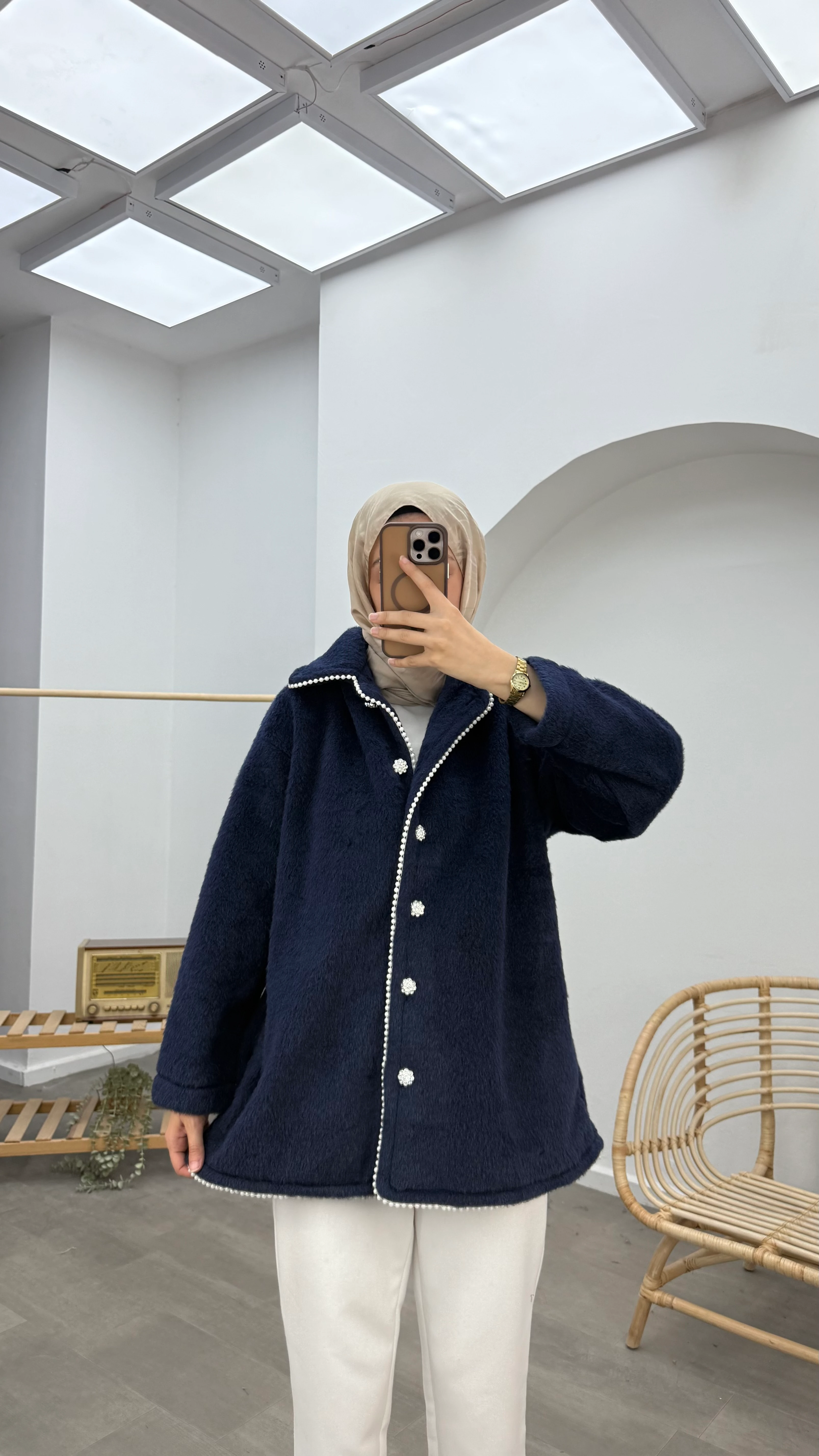 İnci Detaylı Kaşe Kaban - Lacivert