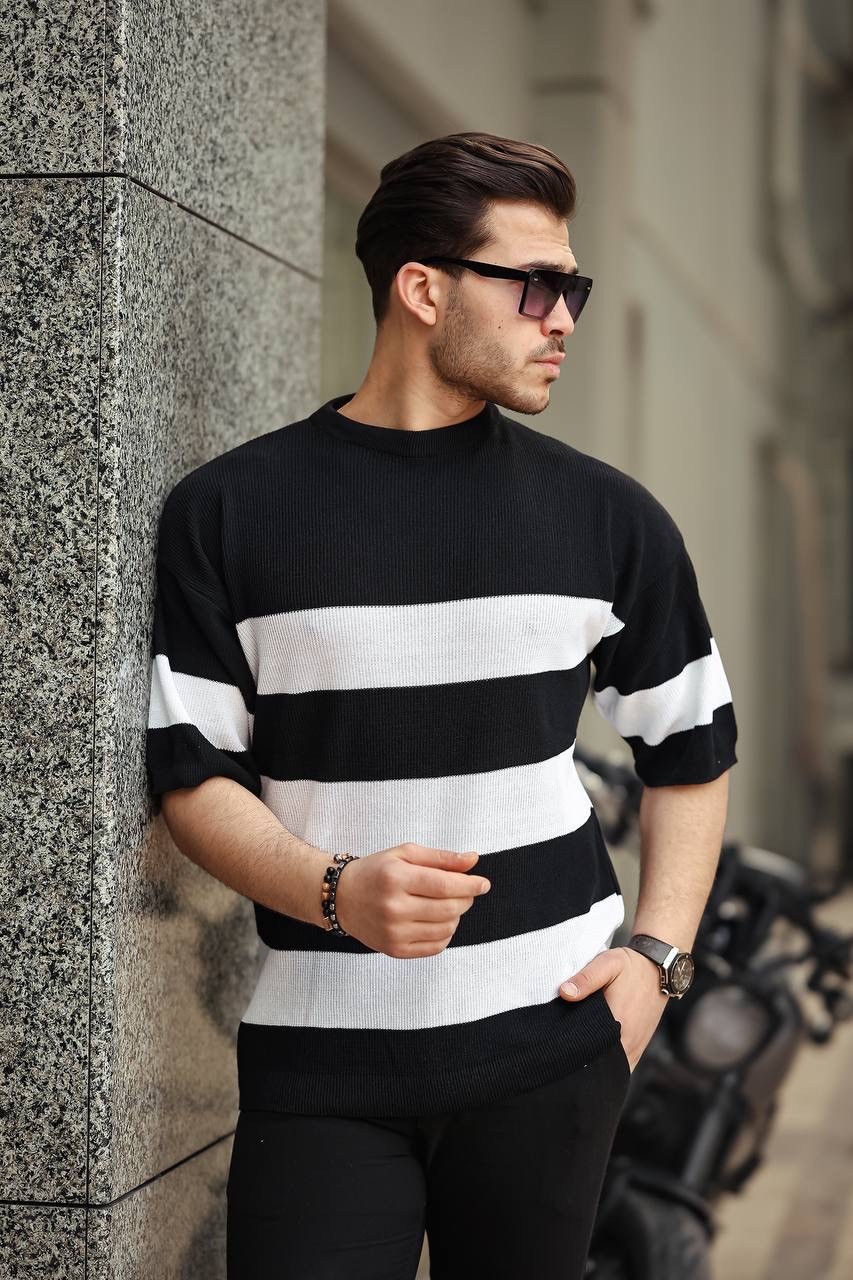 Basic Parçalı Oversize Triko T-shirt - Siyah