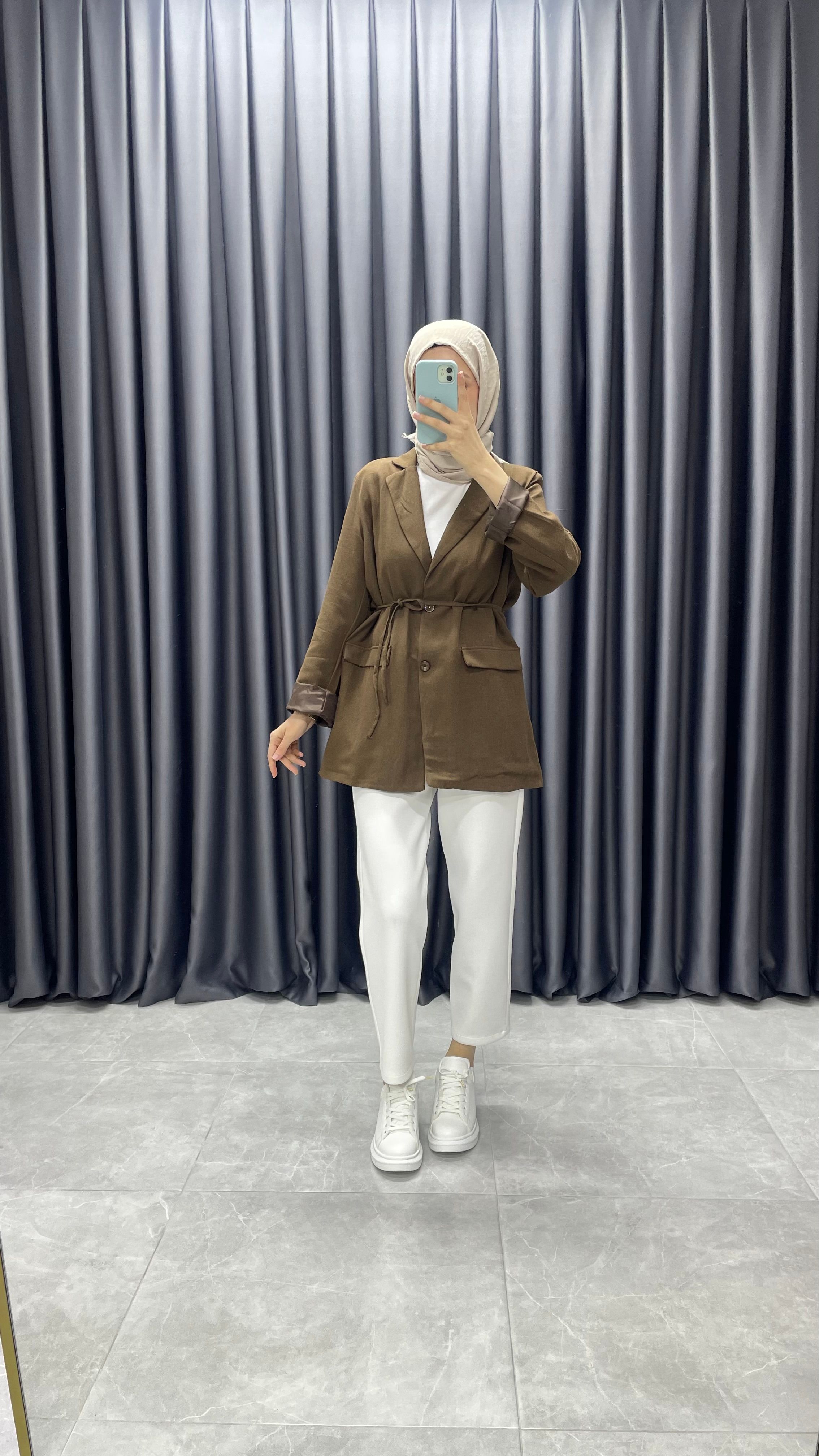 Keten Kemerli Blazer Ceket