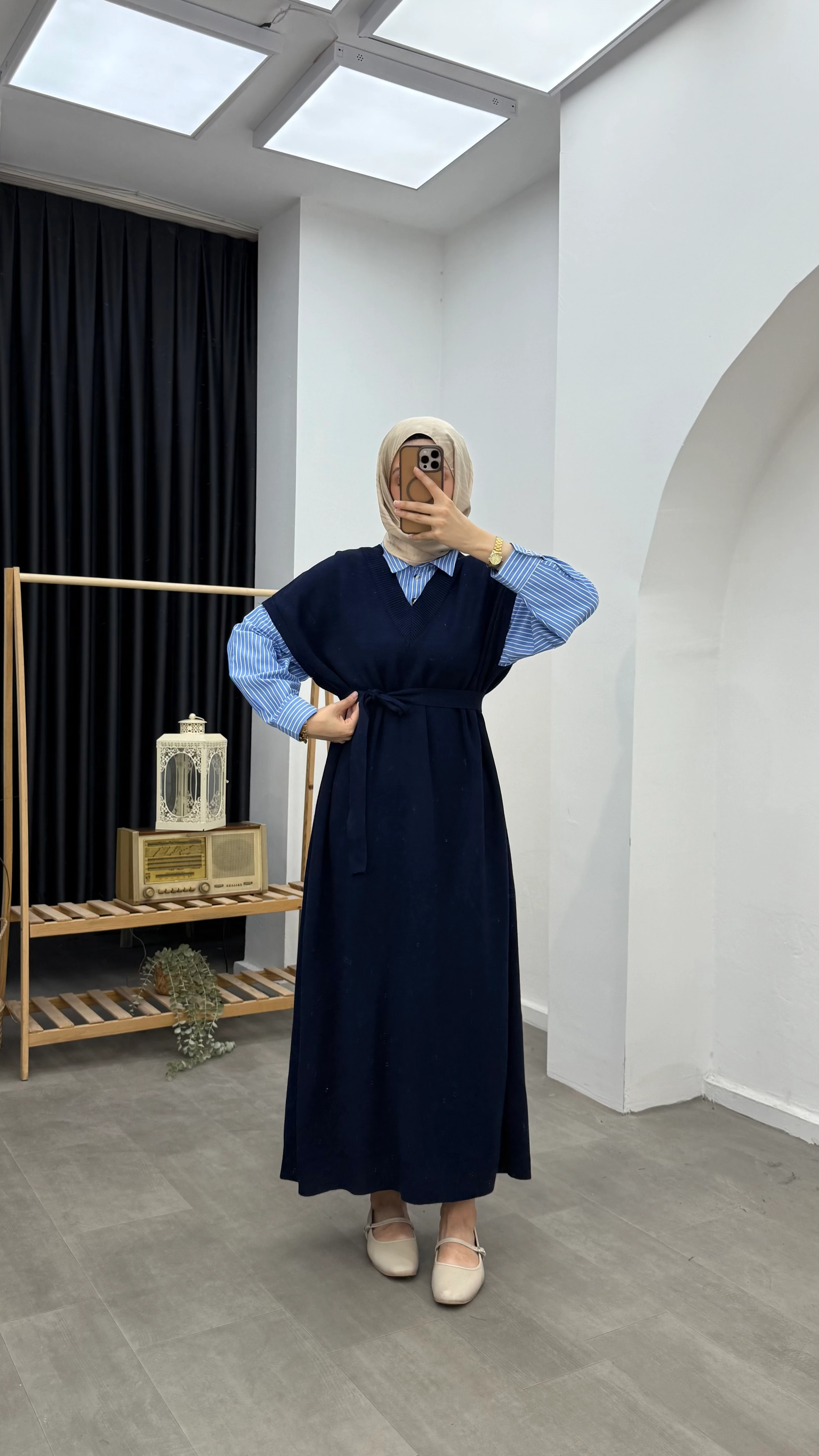 Poplin Detaylı Triko Elbise - Lacivert