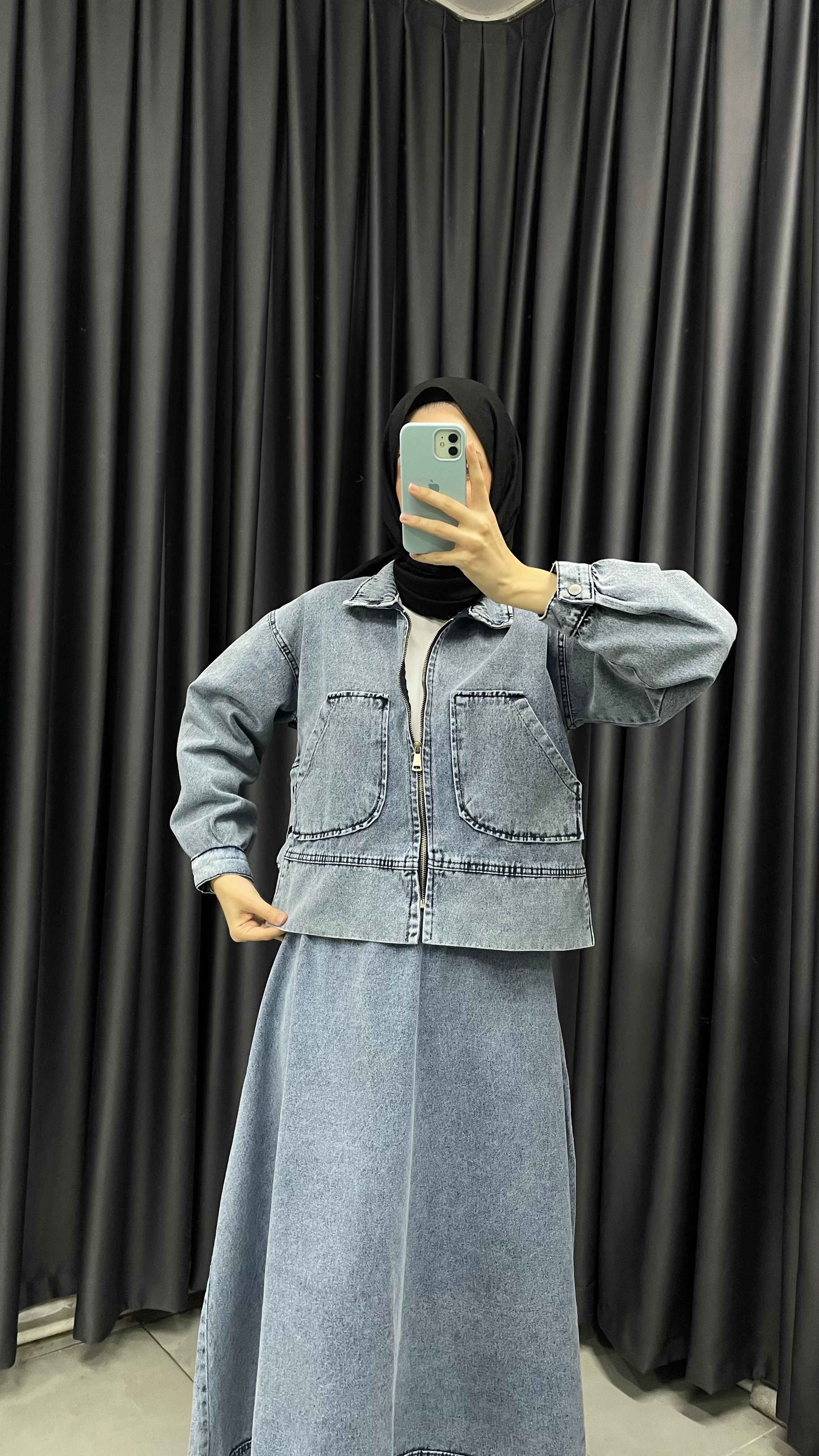 Denim Crop Ceket Etek Takım