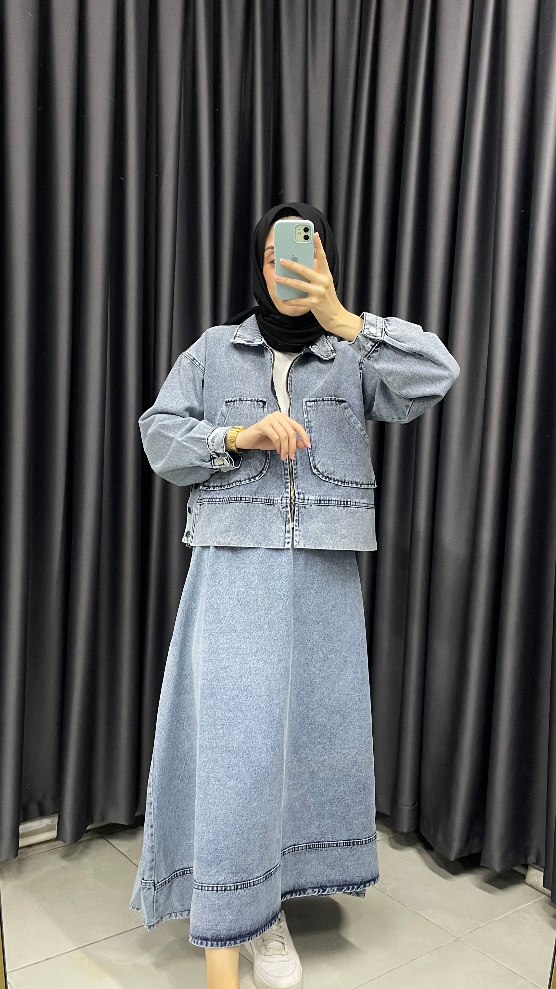 Denim Crop Ceket Etek Takım