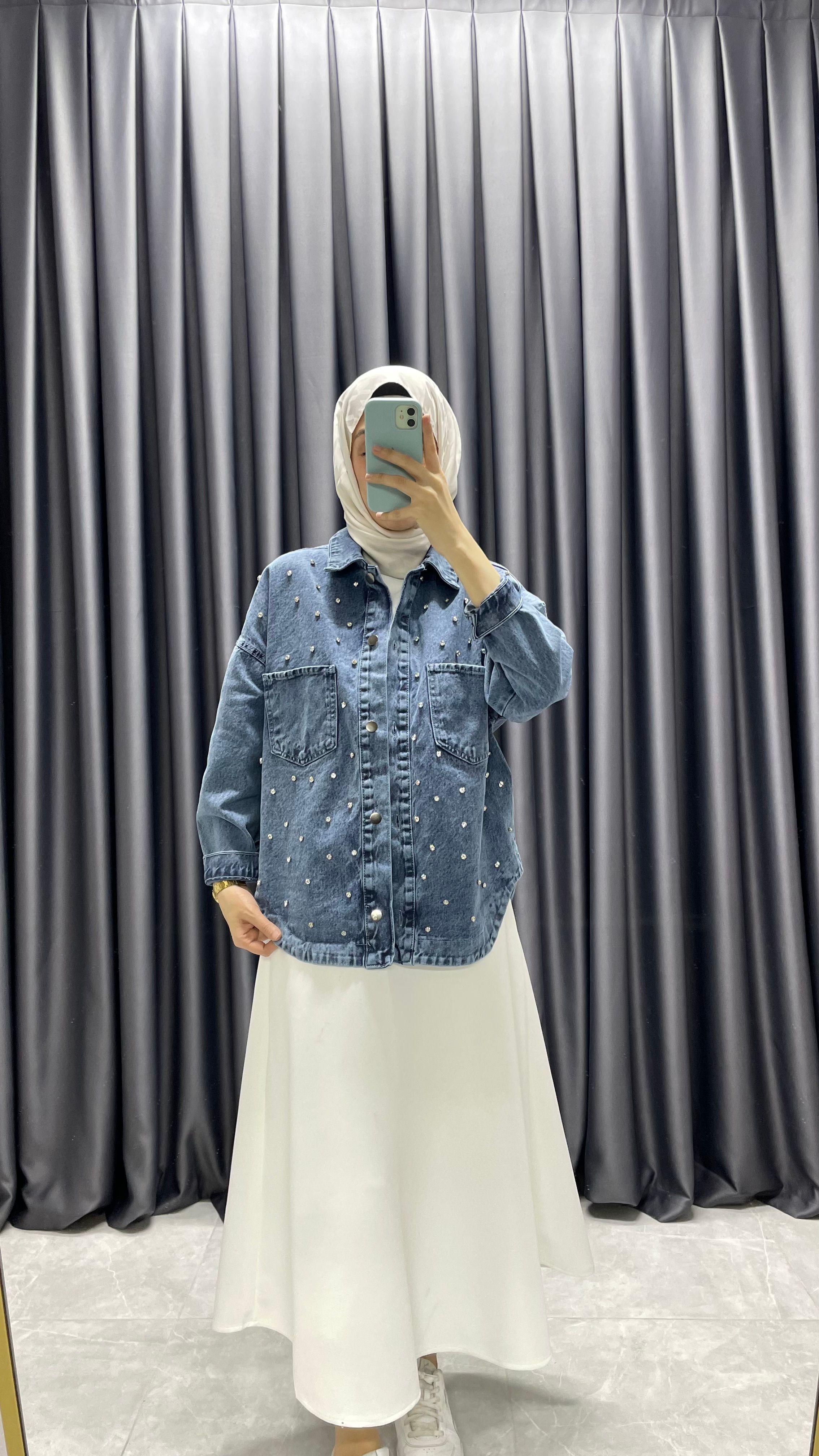 Taş Detaylı Oversize Denim Ceket