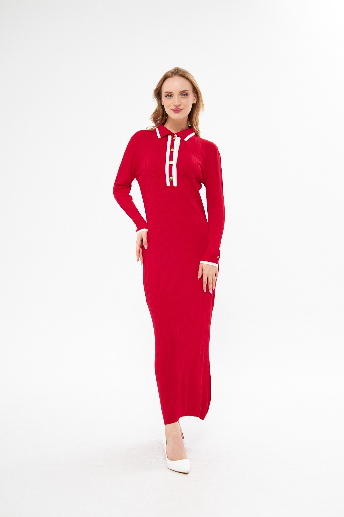 Fitilli Düğme Detaylı Uzun Triko Elbise - Kırmızı