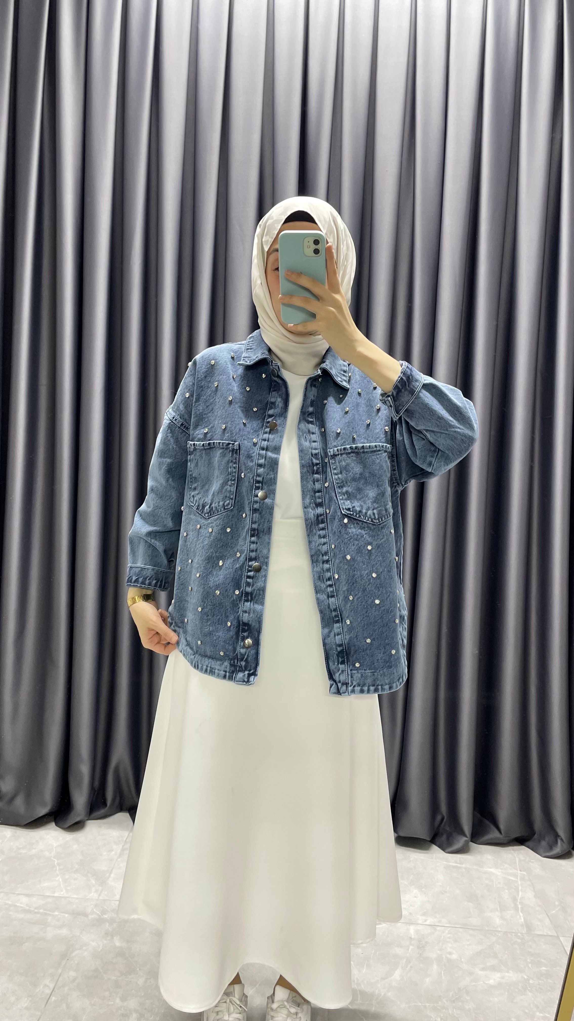 Taş Detaylı Oversize Denim Ceket