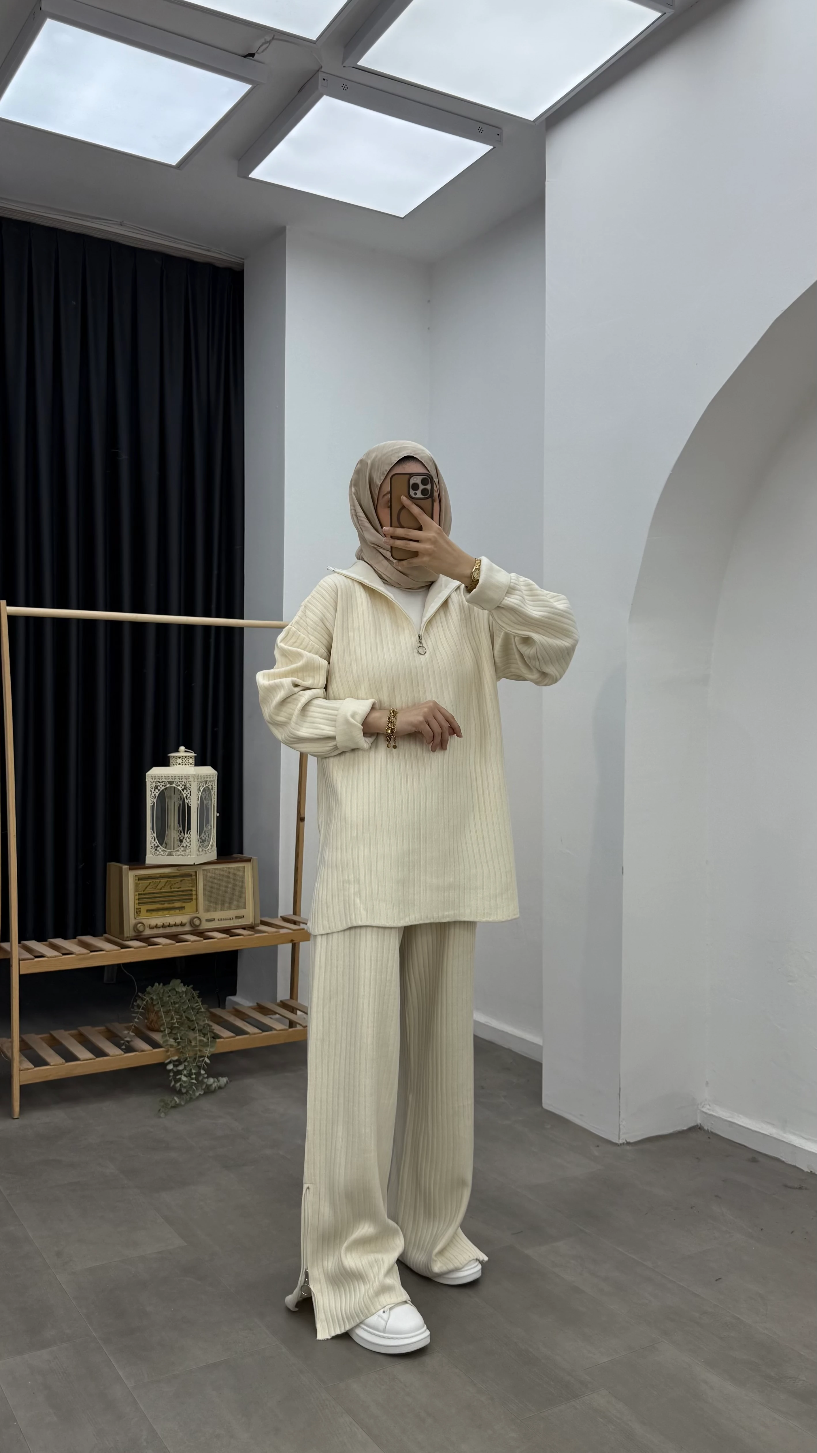 Basic Fermuar Detaylı Triko Takım - Bej