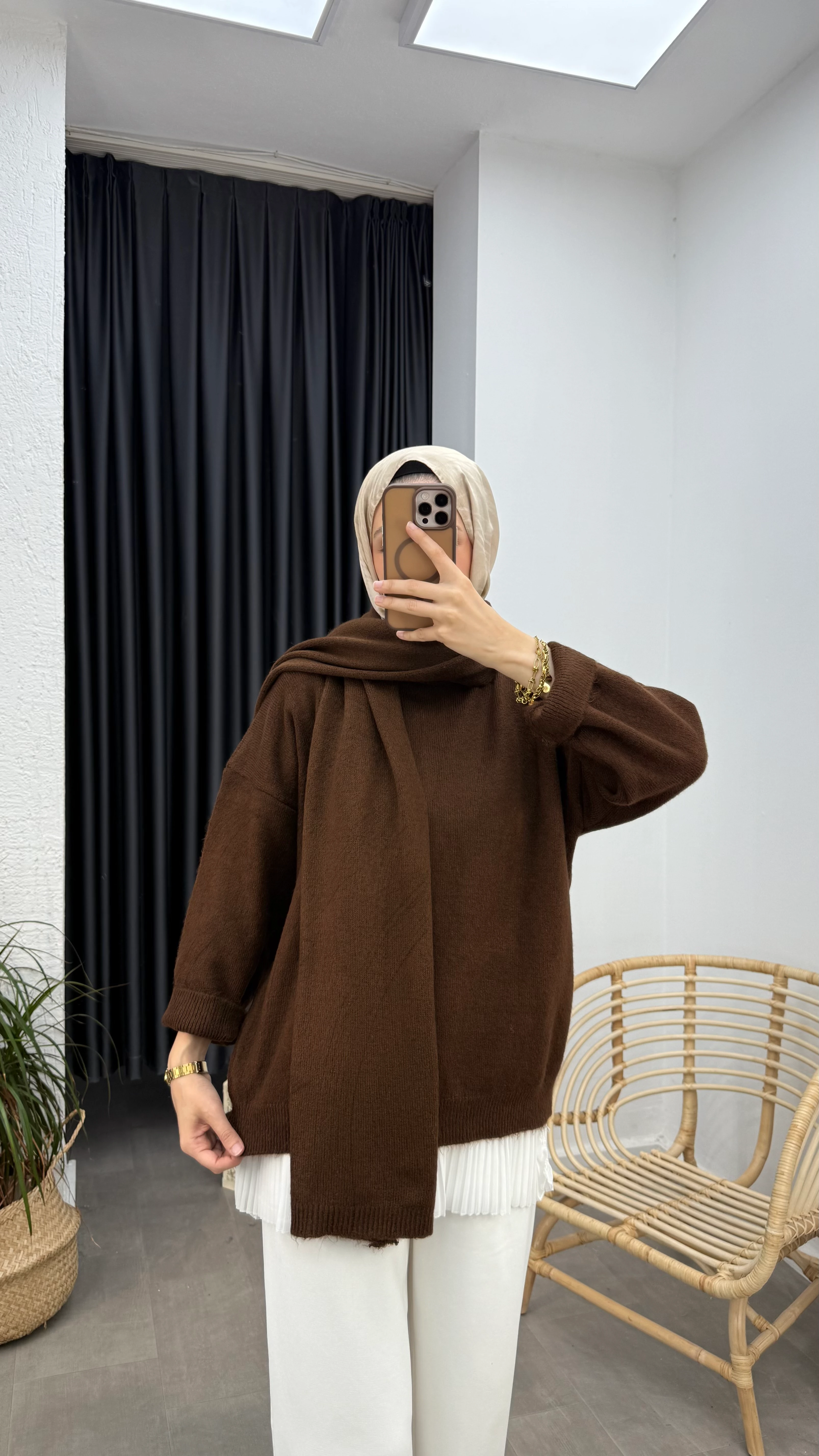 Atkılı Triko Kazak - Kahverengi