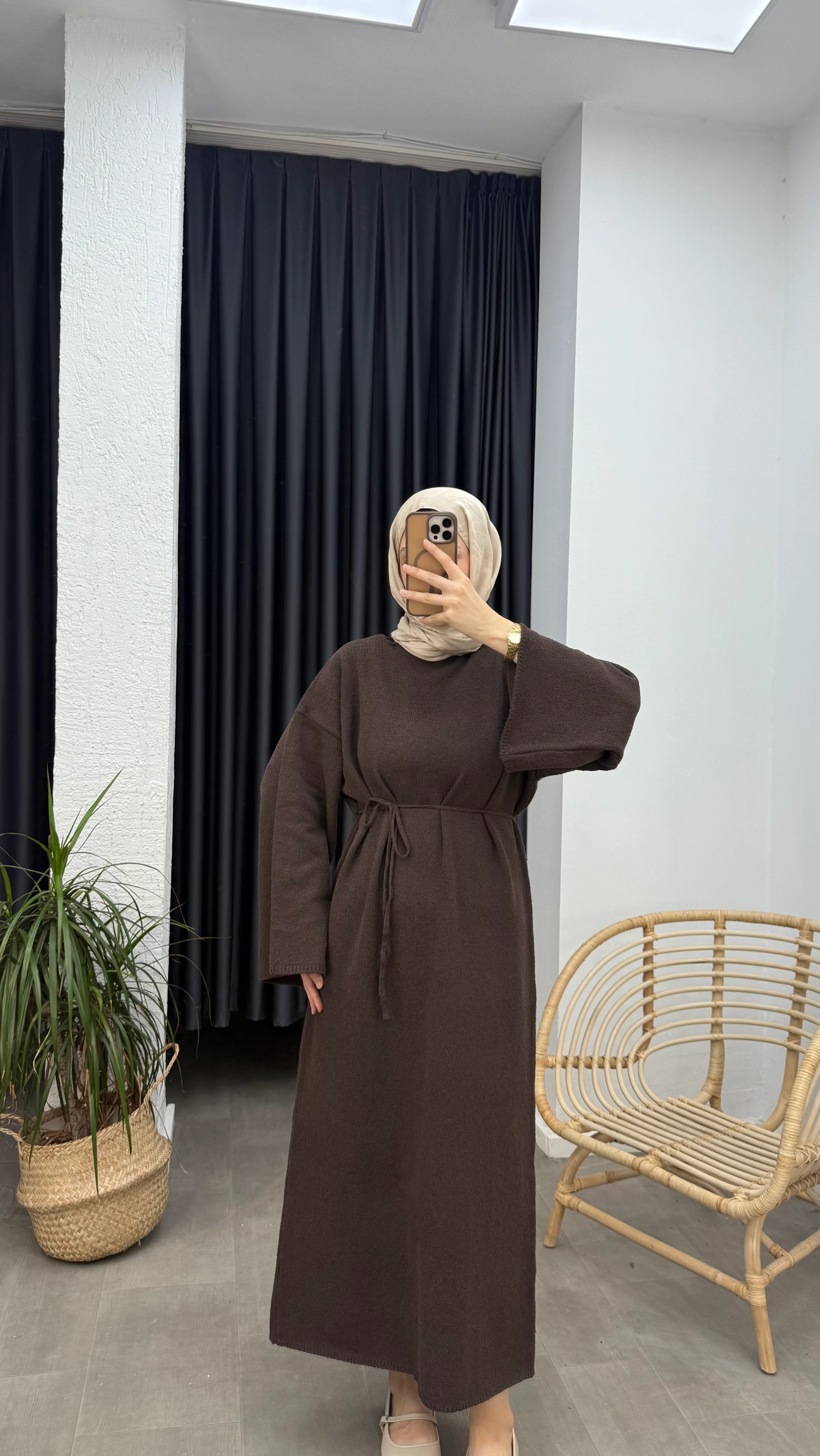 Punto Bağlama Detaylı Triko Elbise - Kahverengi